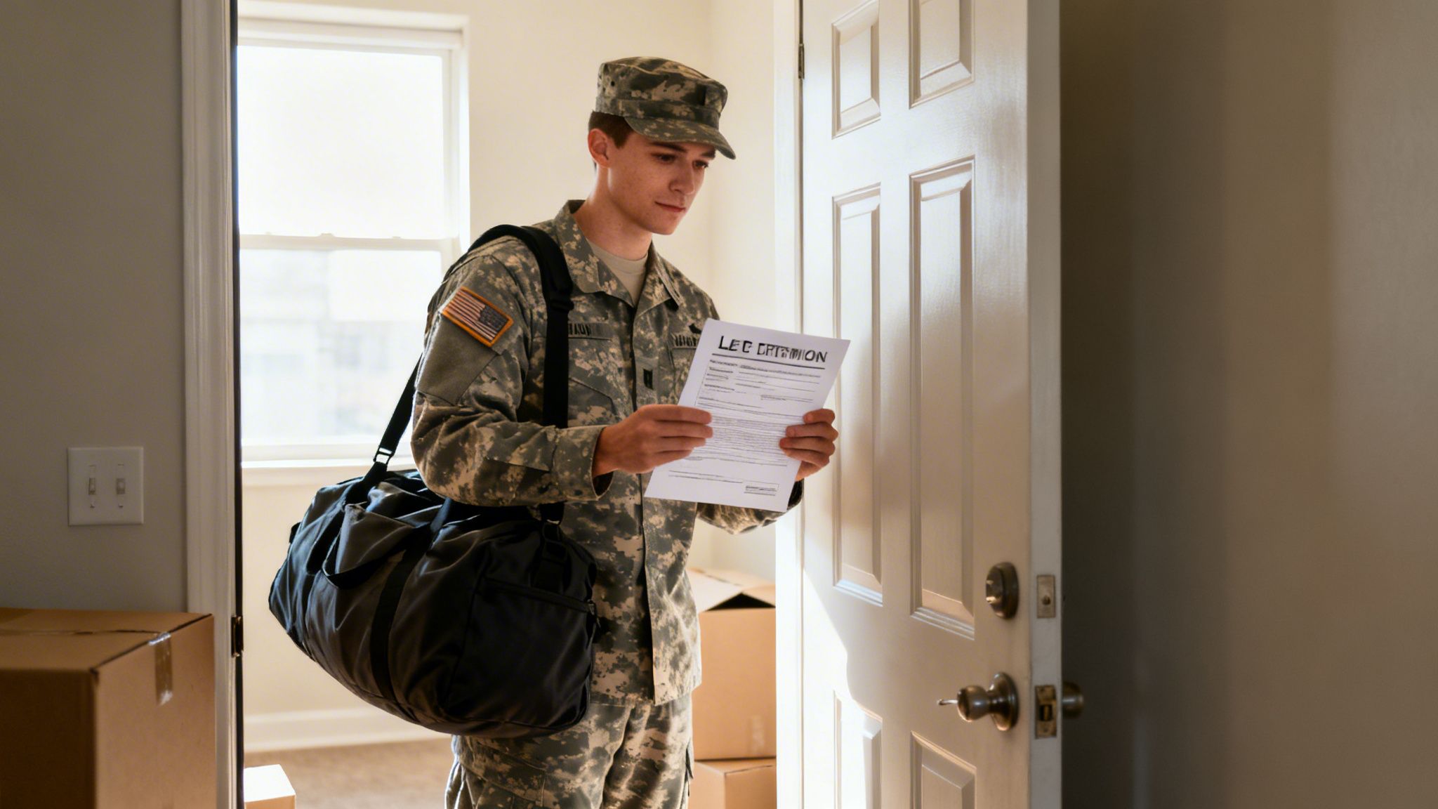 A soldier in uniform holds a document while standing in a room with moving boxes, carrying a duffel bag.