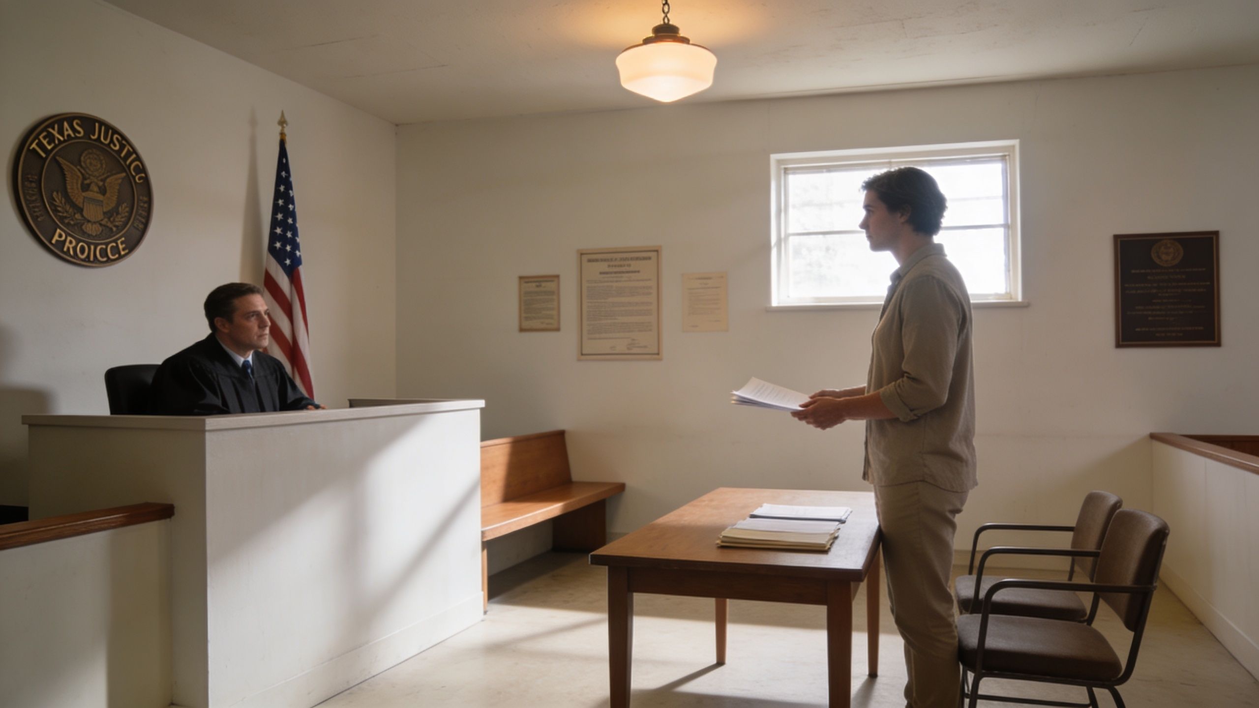 A judge seated at his bench observing a person presenting legal documents in a courtroom setting.