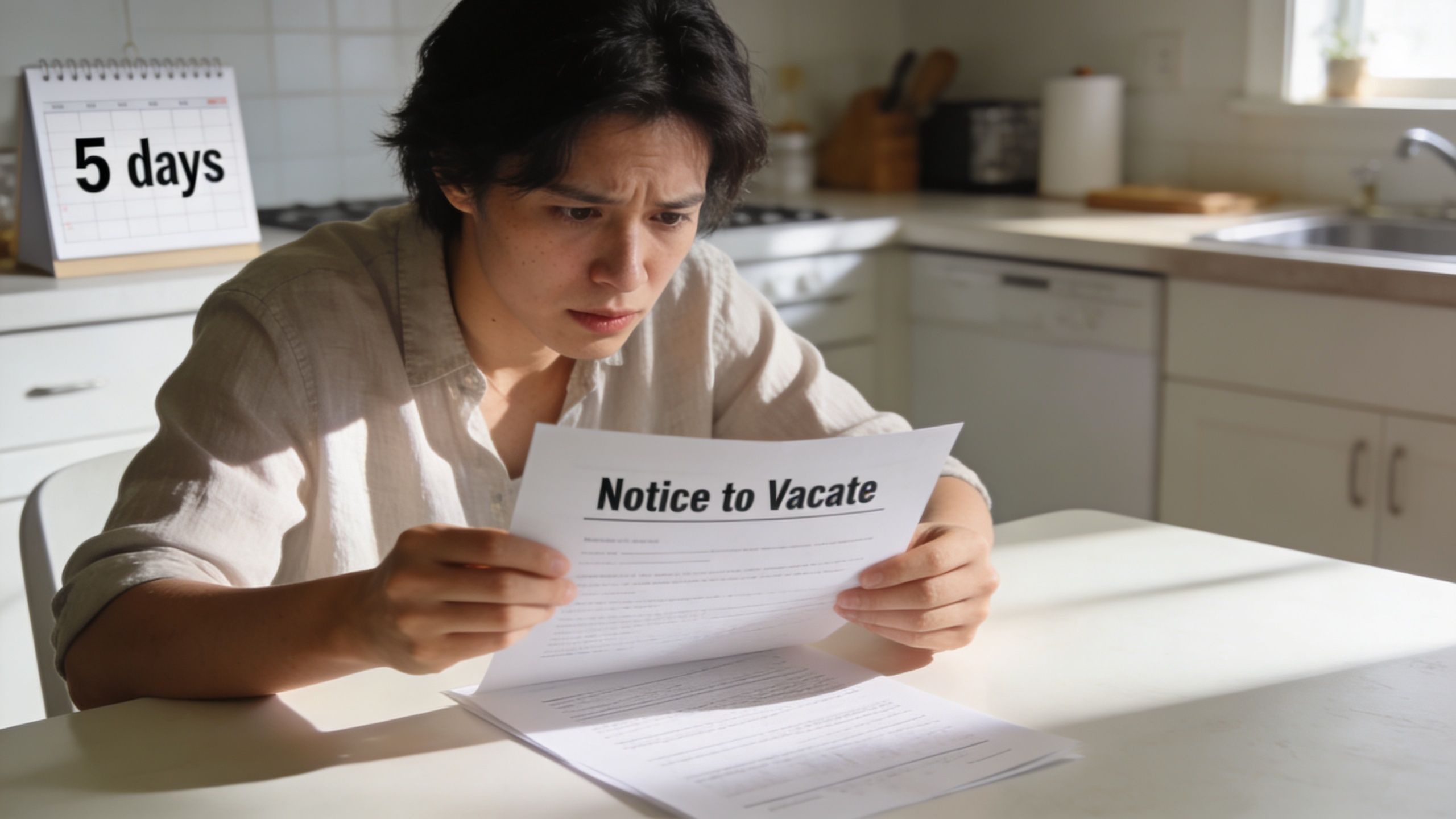 A concerned young person sitting at a kitchen table reading a document titled Notice to Vacate.