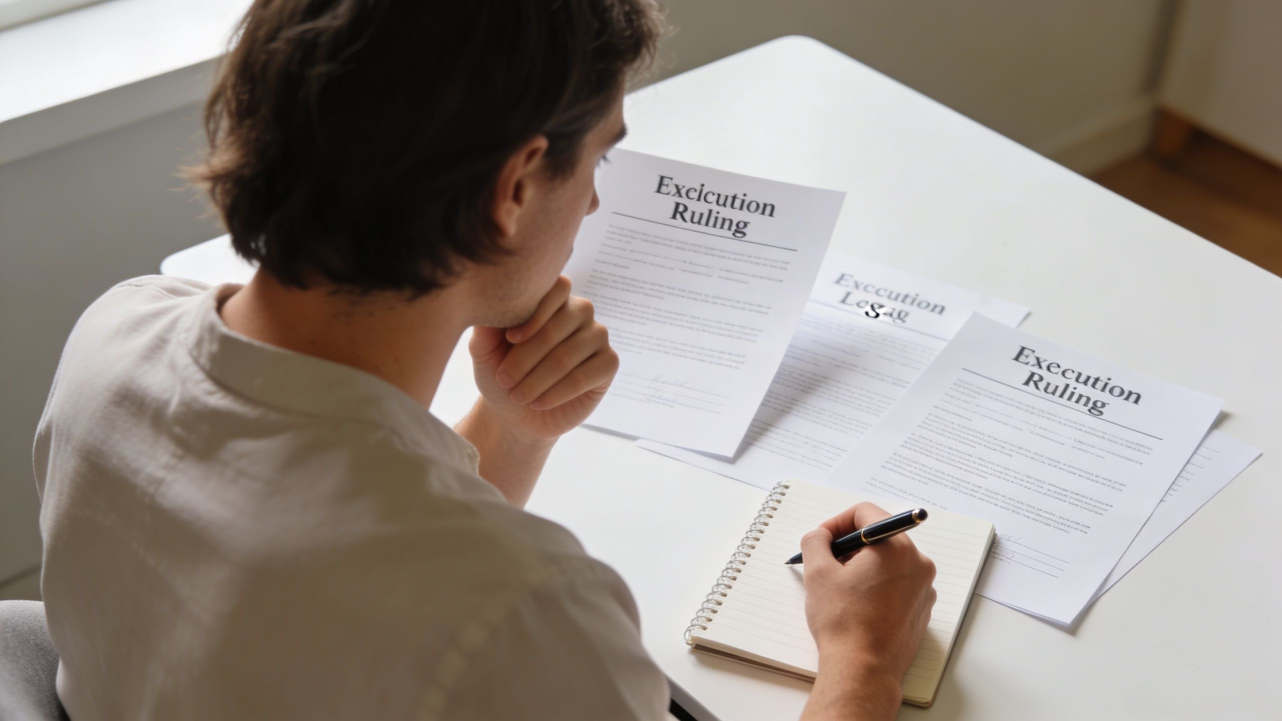 A young man sits at a desk thoughtfully reviewing legal eviction ruling documents while writing in a notebook.