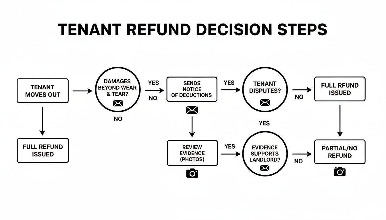 Flowchart illustrating tenant refund decision steps based on damages, tenant disputes, and evidence.