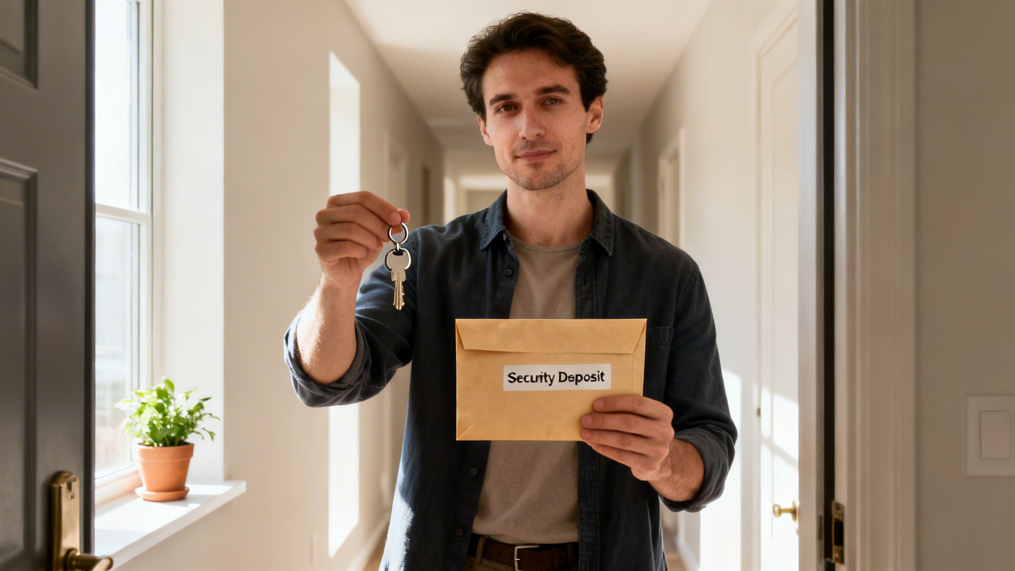 A man holds house keys and an envelope labeled 'Security Deposit' in a bright hallway, looking at the camera.