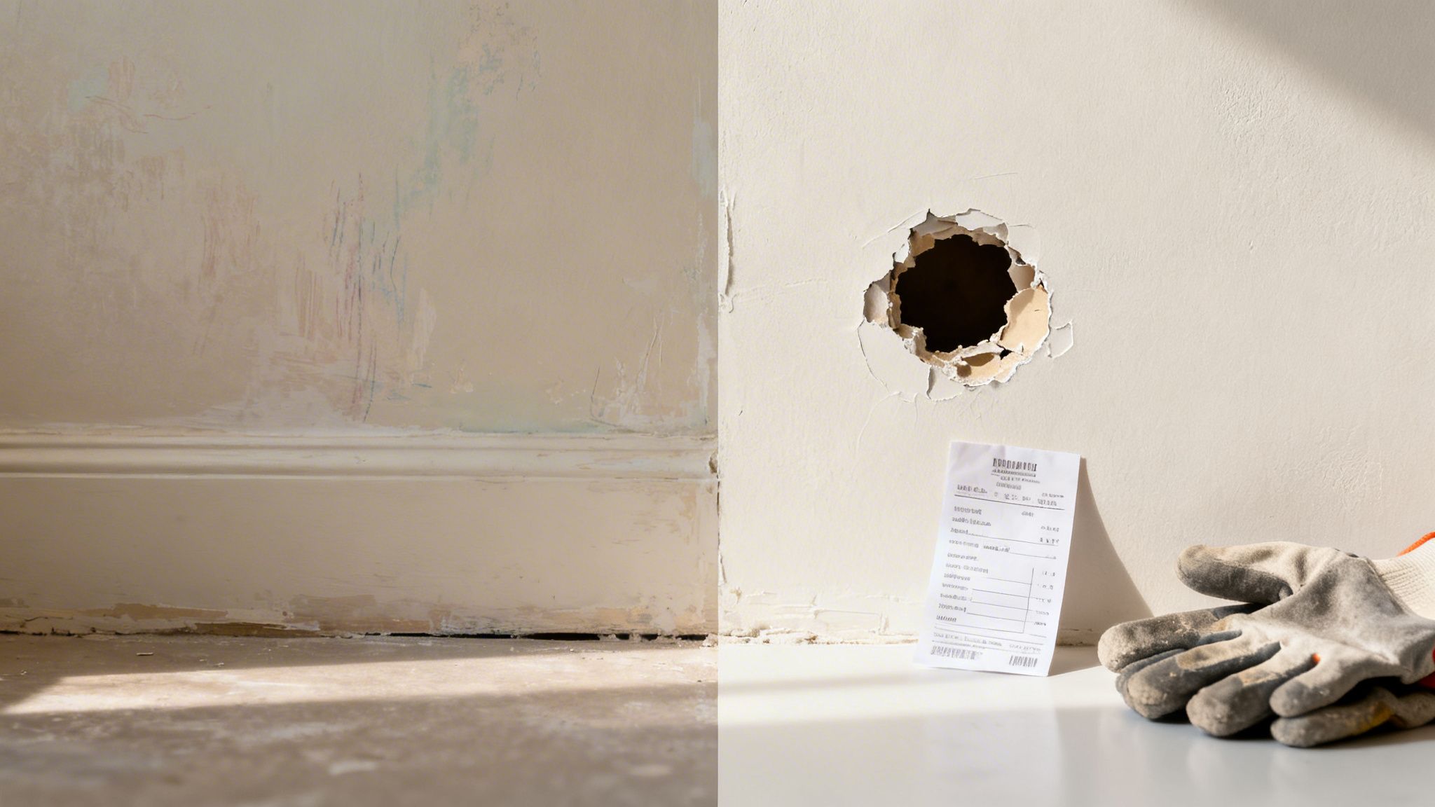 A split image shows a damaged wall with peeling paint, a large hole, work gloves, and a receipt.