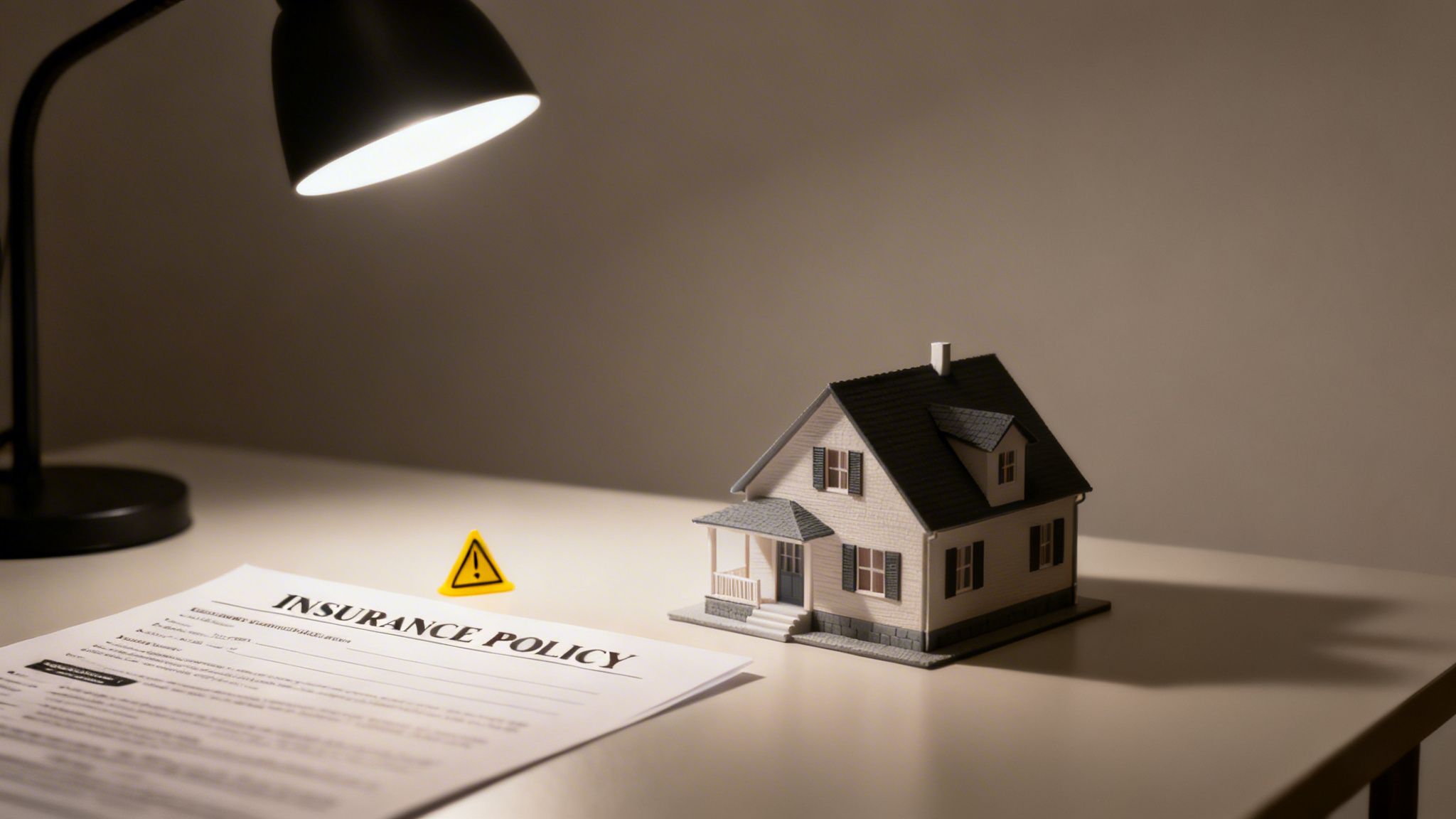 A house model, an insurance policy, and a warning sign on a desk under a lamp.