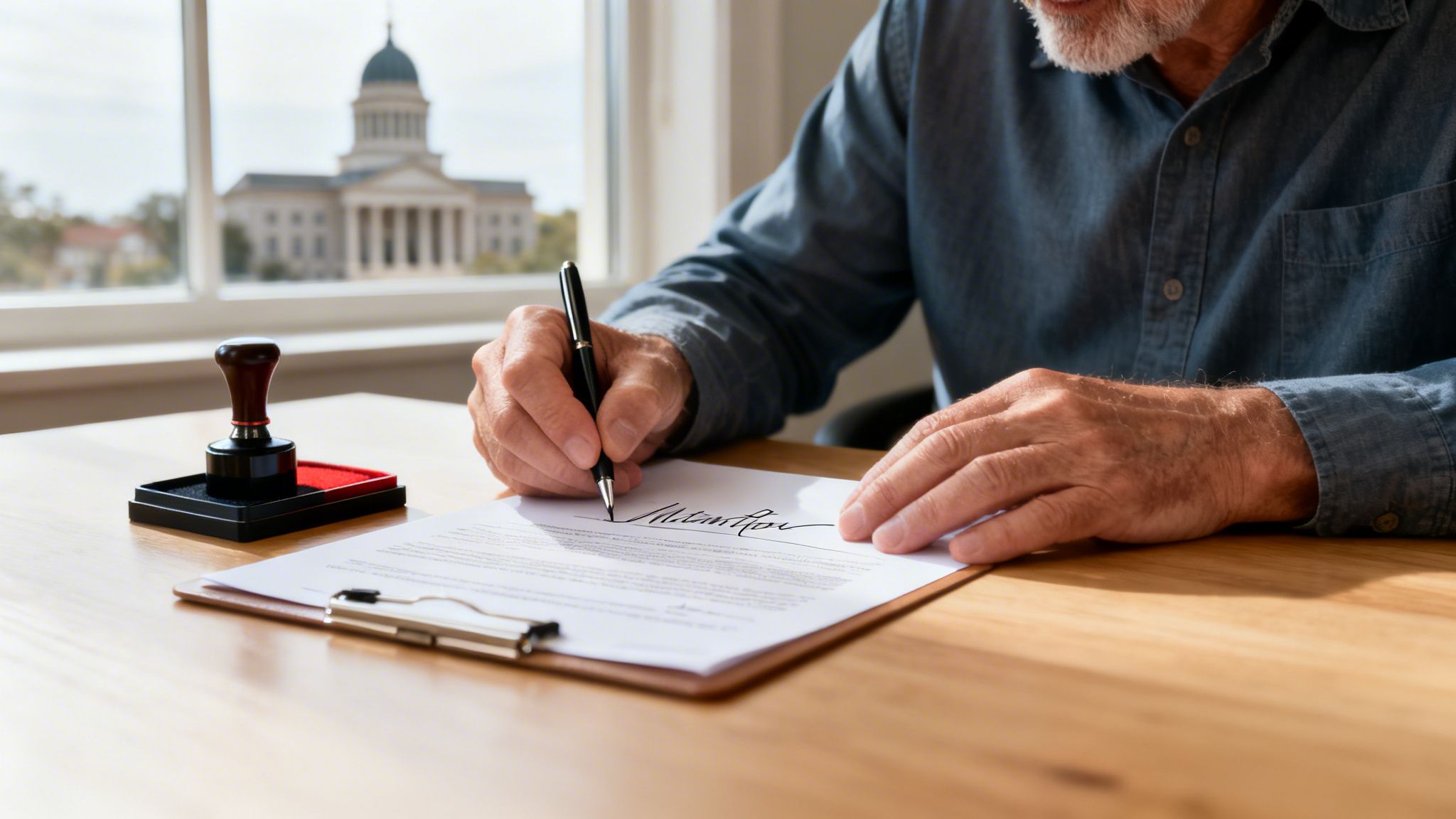 Elderly man signing a legal document with a pen at a wooden desk, with a stamp and courthouse in the background.