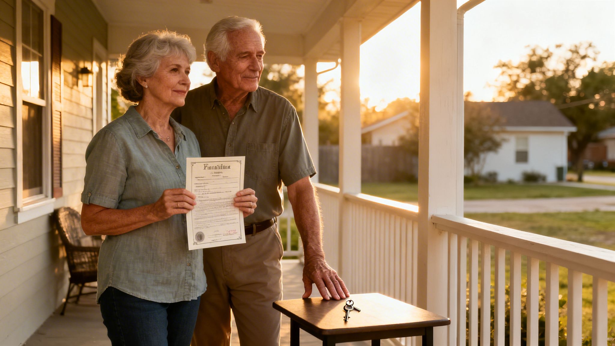 Smiling senior couple on their porch, holding a deed and standing near house keys.