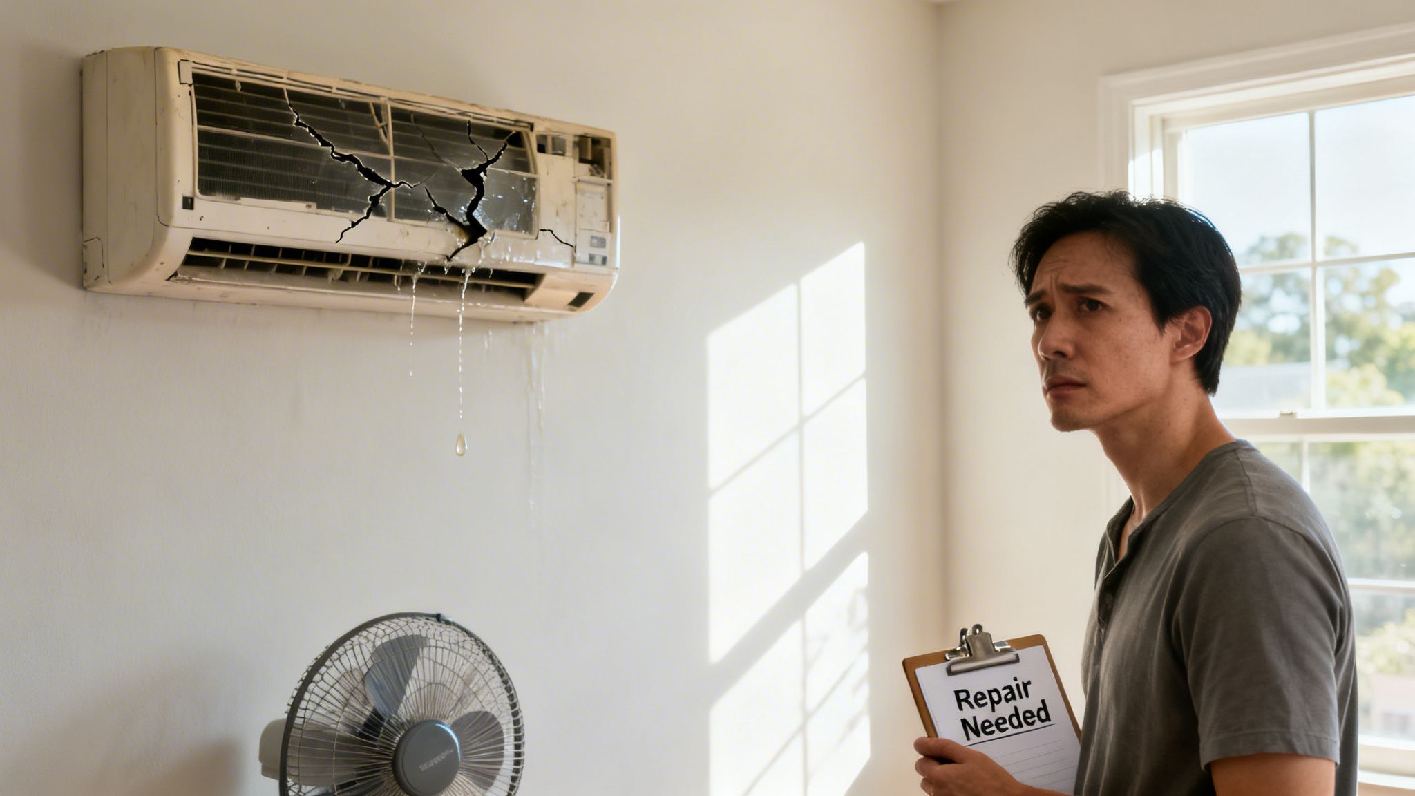 A frustrated man holds a 'Repair Needed' clipboard while looking at a broken, leaking air conditioner.