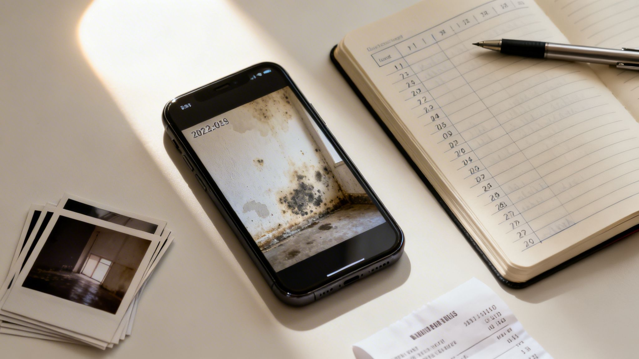 Smartphone displaying severe mold on a wall, next to a notebook, pen, and stack of instant photos.