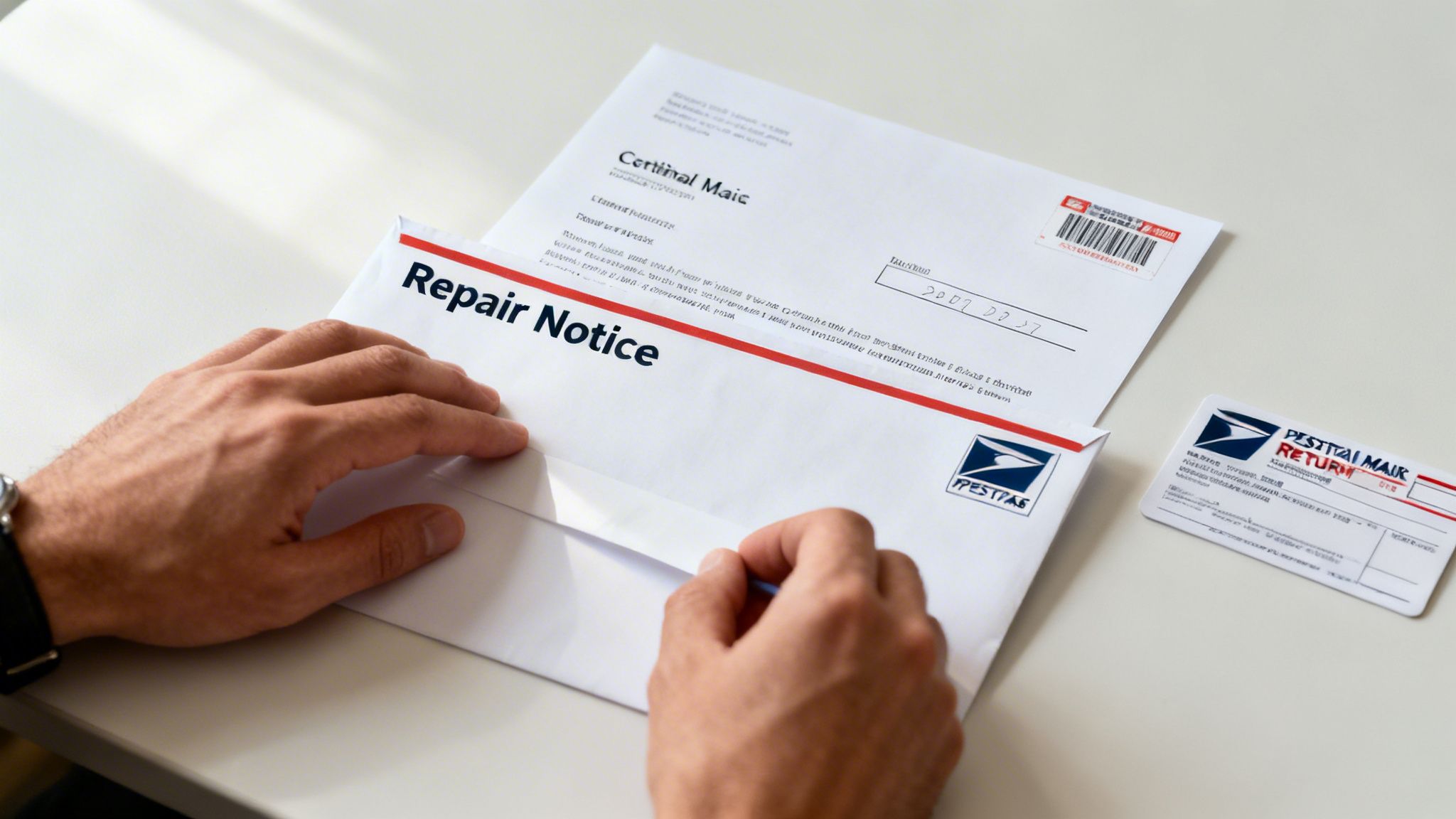 Close-up of hands opening an envelope labeled 'Repair Notice' on a white desk.