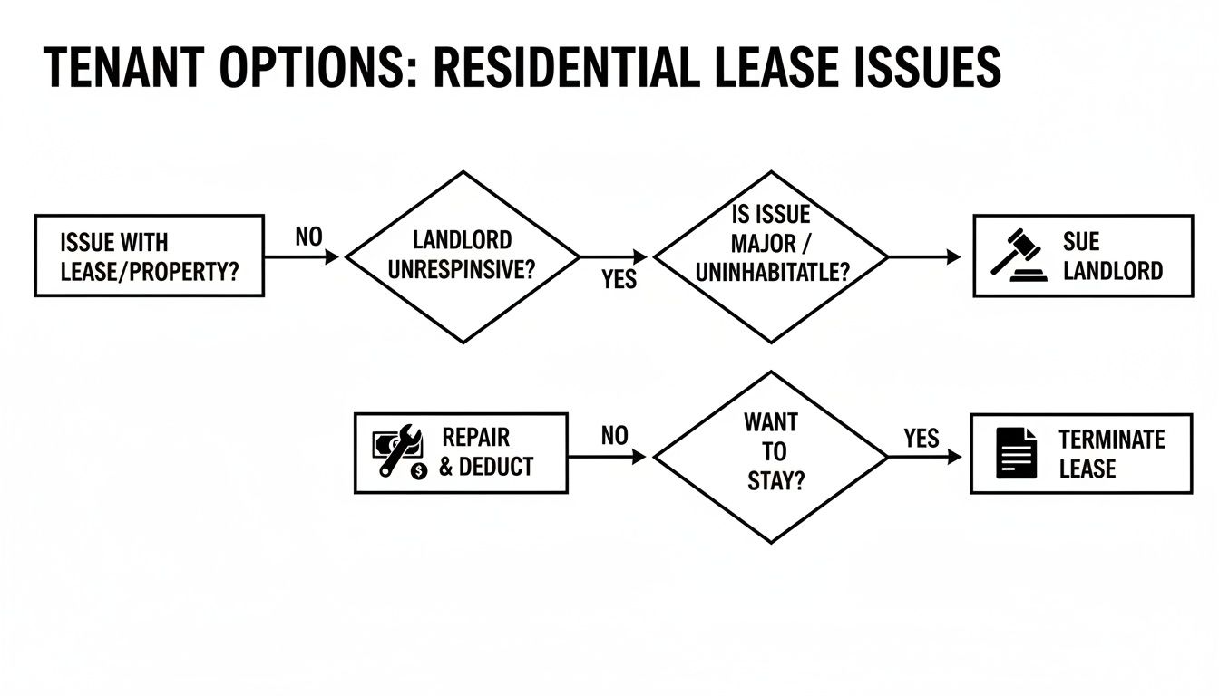 Flowchart outlining tenant options for residential lease issues, including repairs and lease termination.