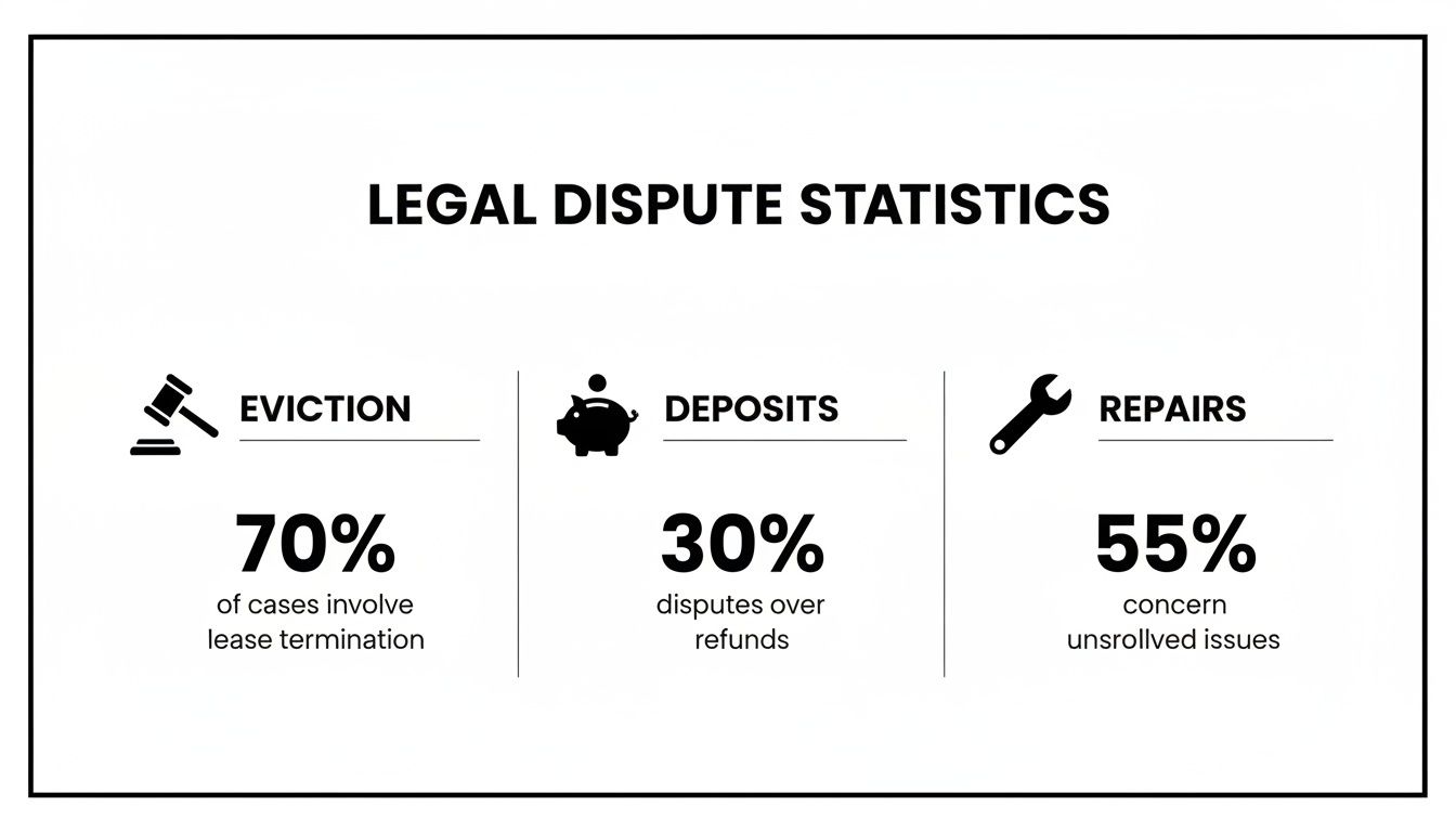 Infographic showing legal dispute statistics: 70% eviction cases involve lease termination, 30% deposit disputes, 55% repair concerns.
