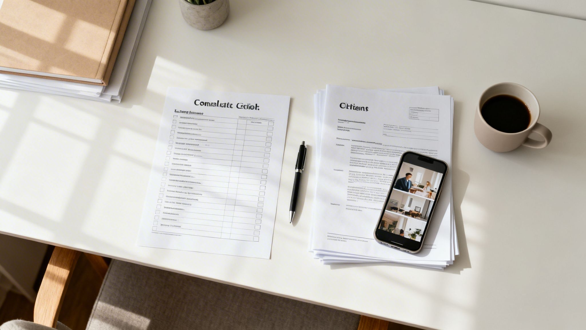 Overhead view of a white desk with documents, a pen, a coffee cup, and a smartphone displaying security camera feeds.