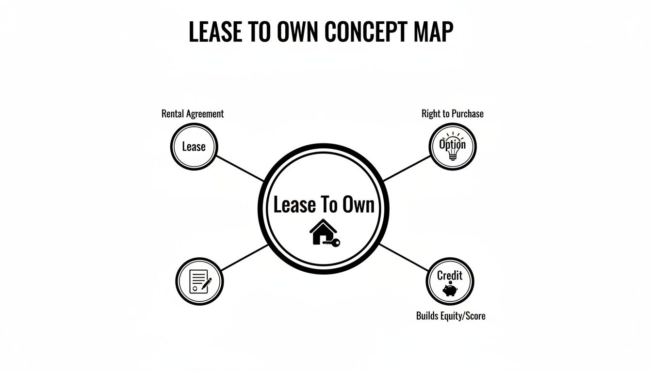 A concept map illustrating the Lease To Own process, detailing components like lease, option, credit, and agreement.