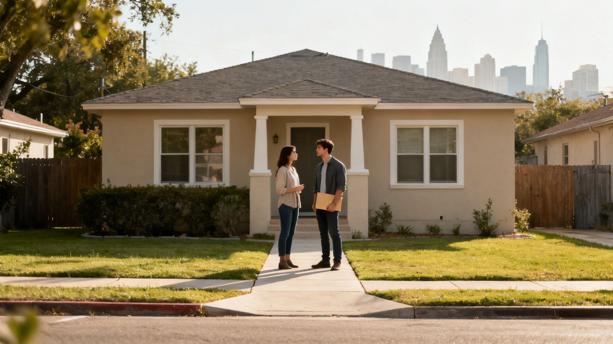 Young couple conversing on the sidewalk outside a single-family home, with a city skyline visible in the background.