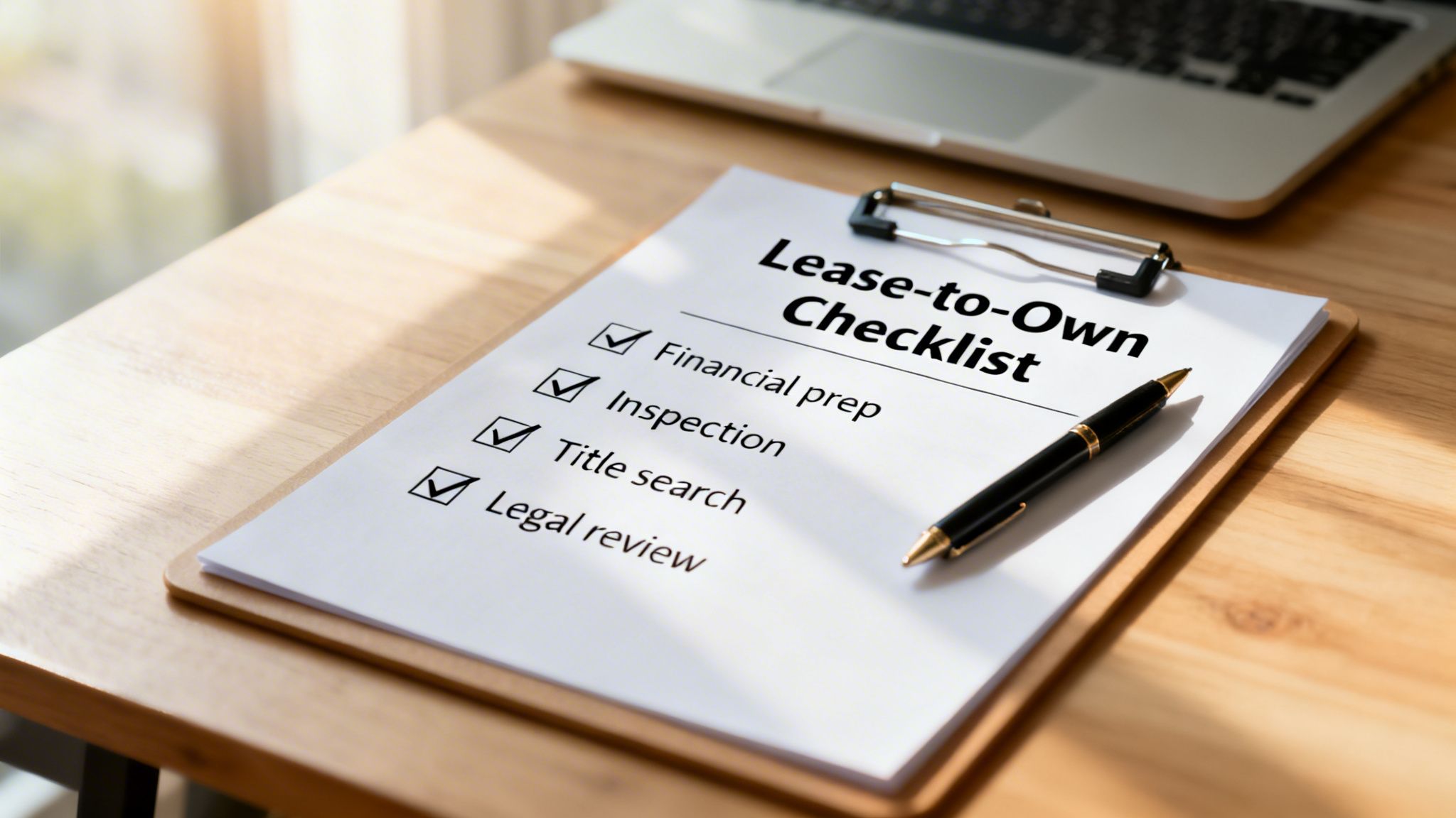 A clipboard displays a checked 'Lease-to-Own Checklist' on a wooden desk with a pen and laptop.