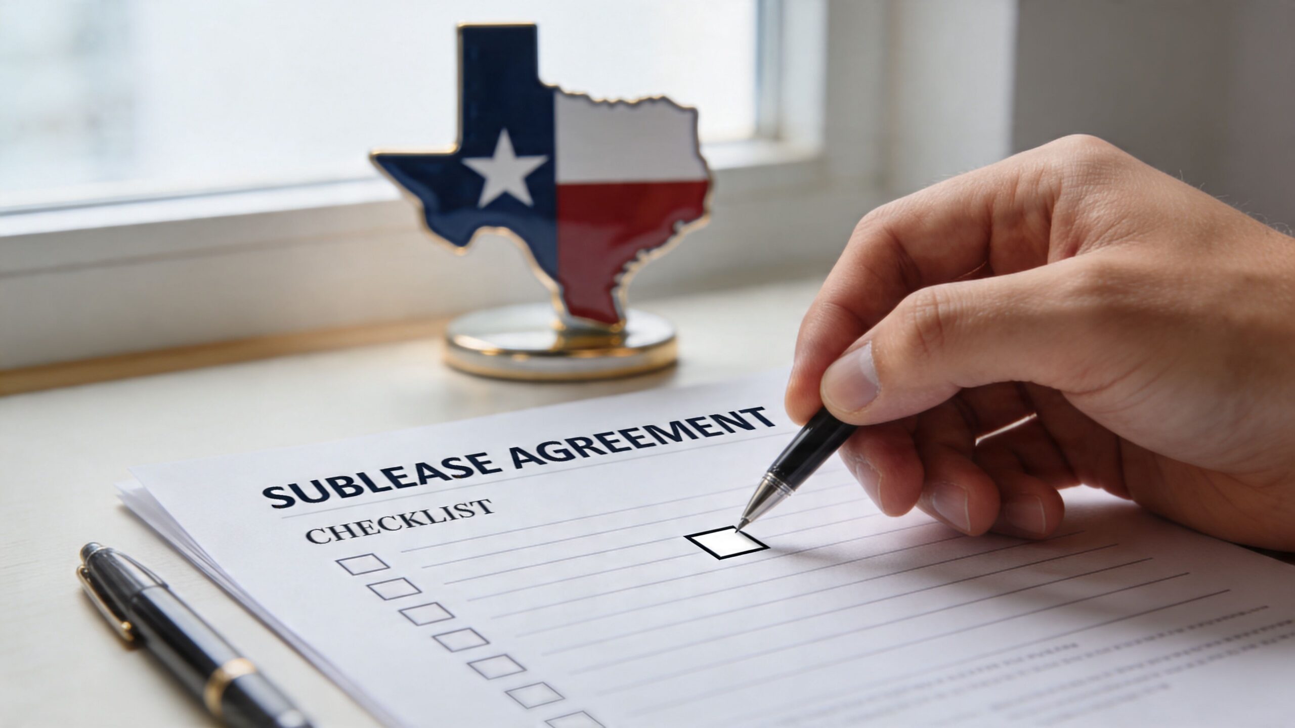 A hand holding a pen over a sublease agreement checklist with a Texas flag icon nearby.