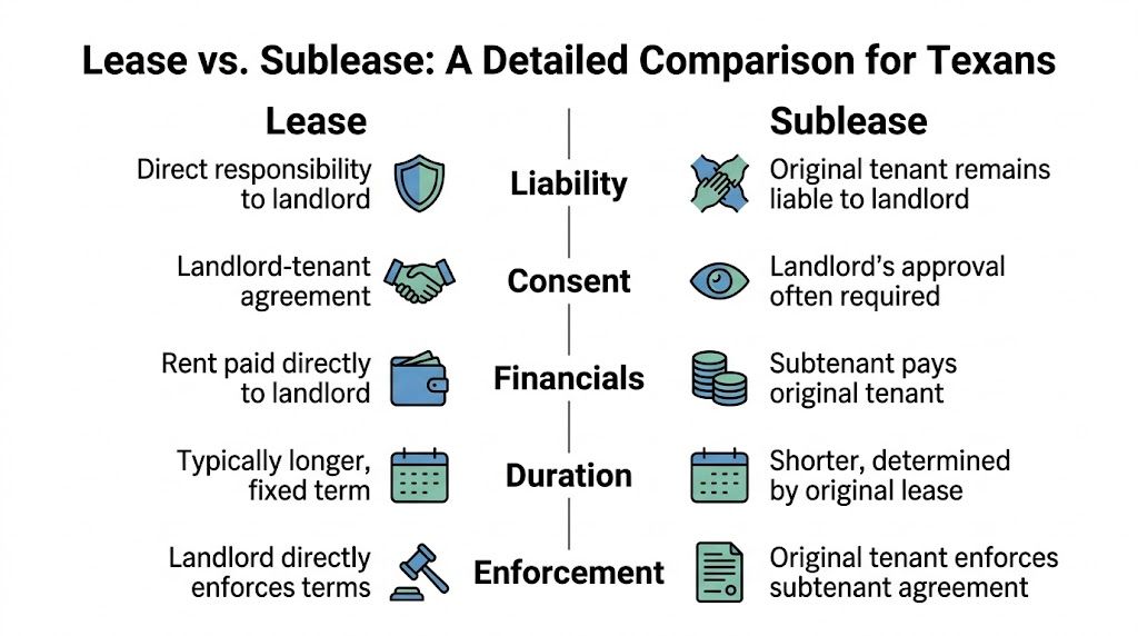 A comparison chart highlighting key differences between a standard lease and a sublease agreement for tenants.