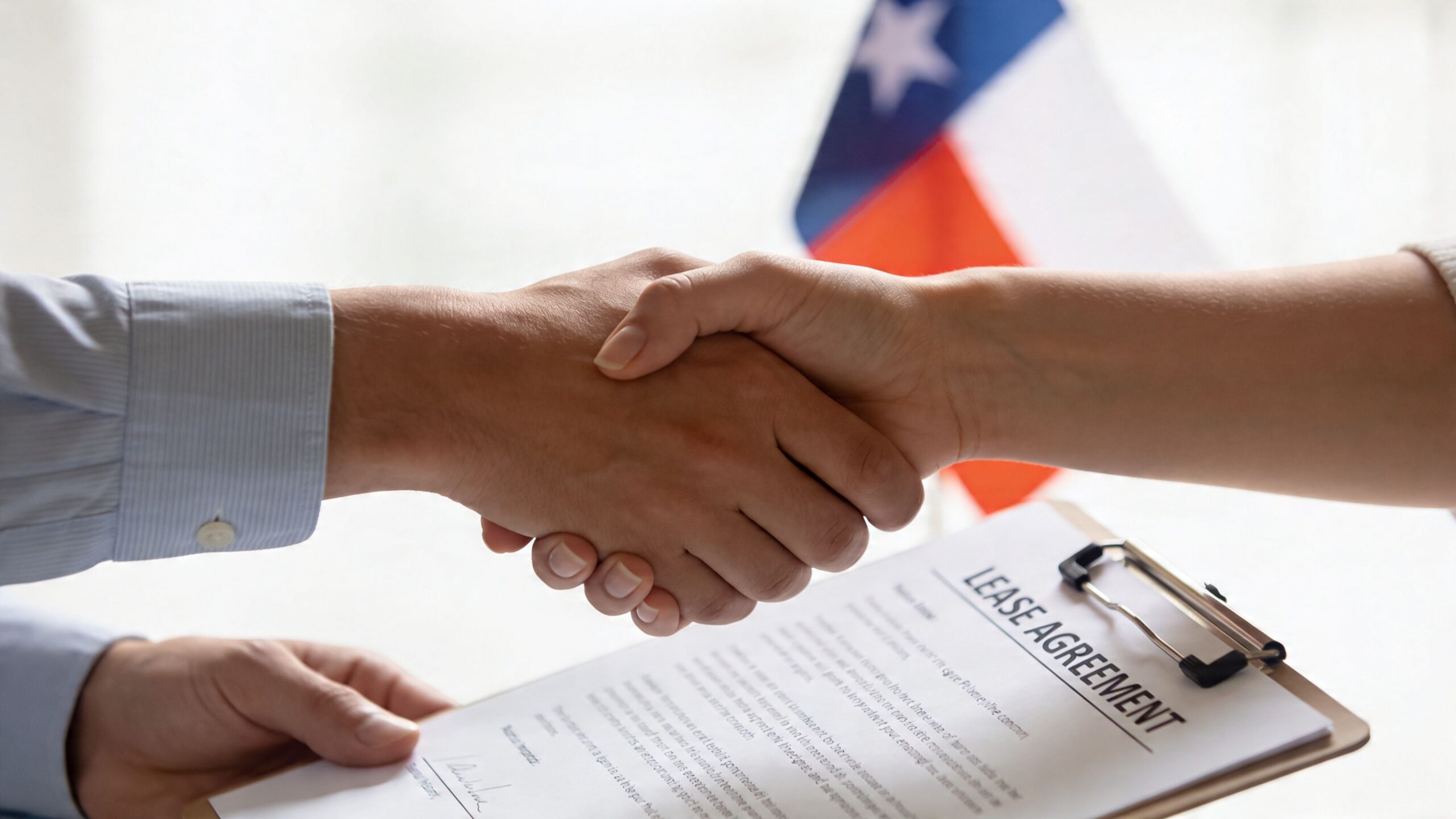 A professional handshake over a lease agreement document with the flag of Chile in the background.
