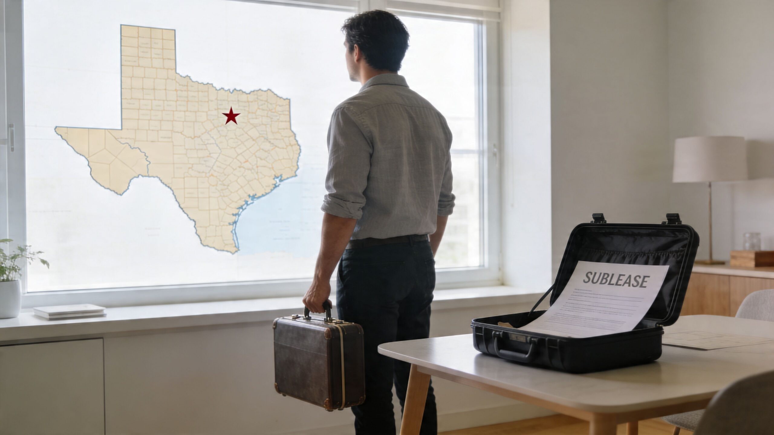 A man holding a vintage briefcase looks out a window at a map of Texas with a star.