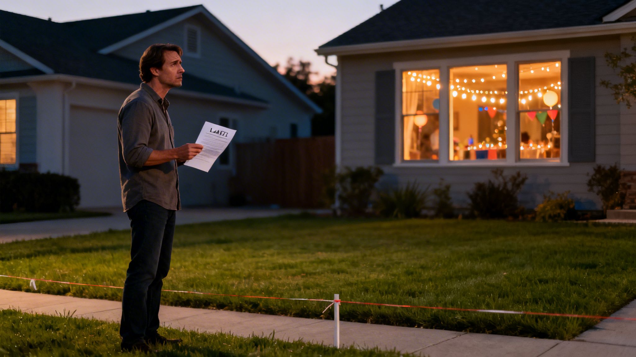 A man holding a legal document looks at a brightly lit house decorated for a party at dusk.