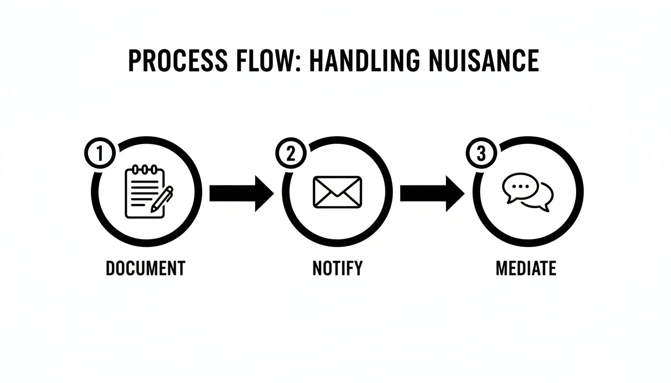 Process flow diagram showing three sequential steps for handling nuisance: document, notify, and mediate.