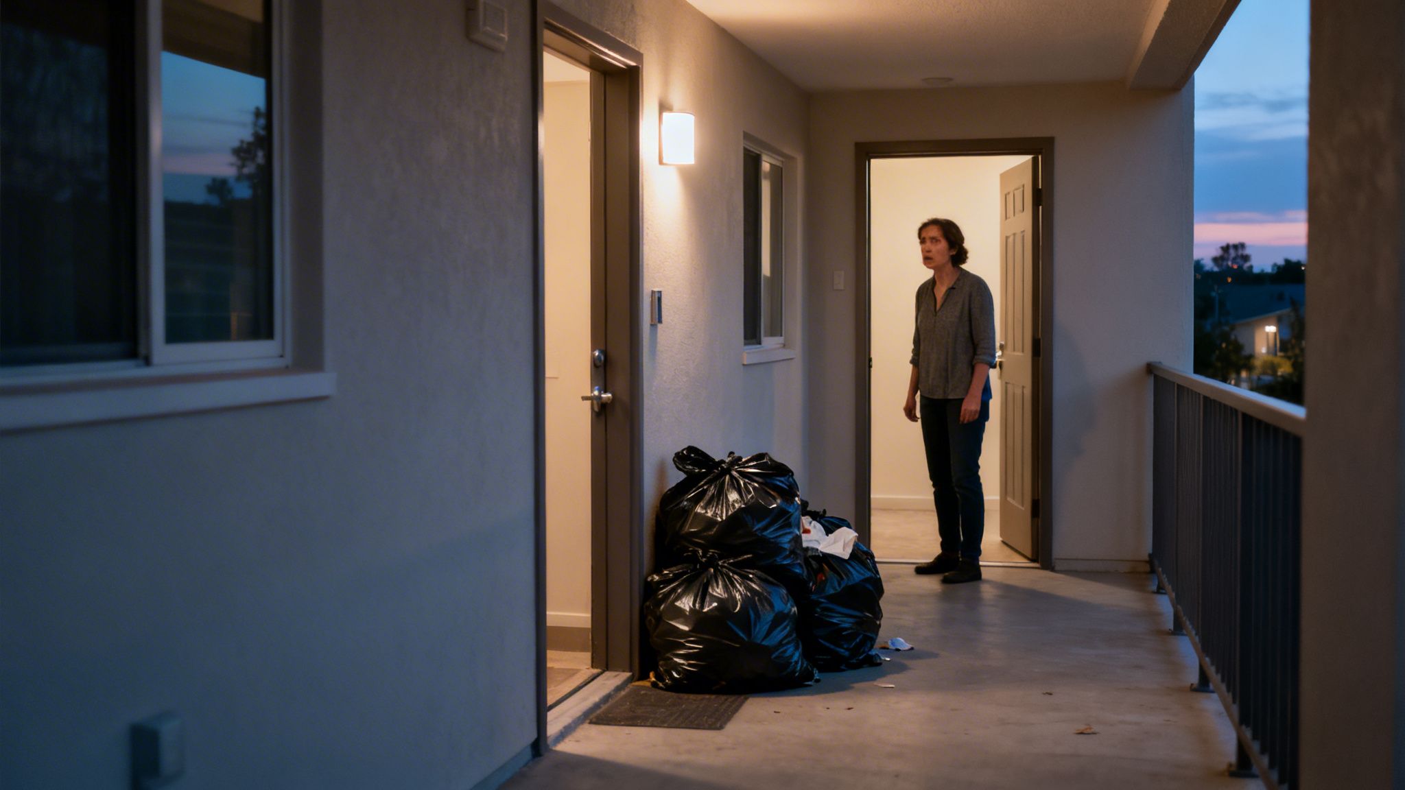 A concerned woman stands in an apartment doorway next to piled black trash bags at twilight.