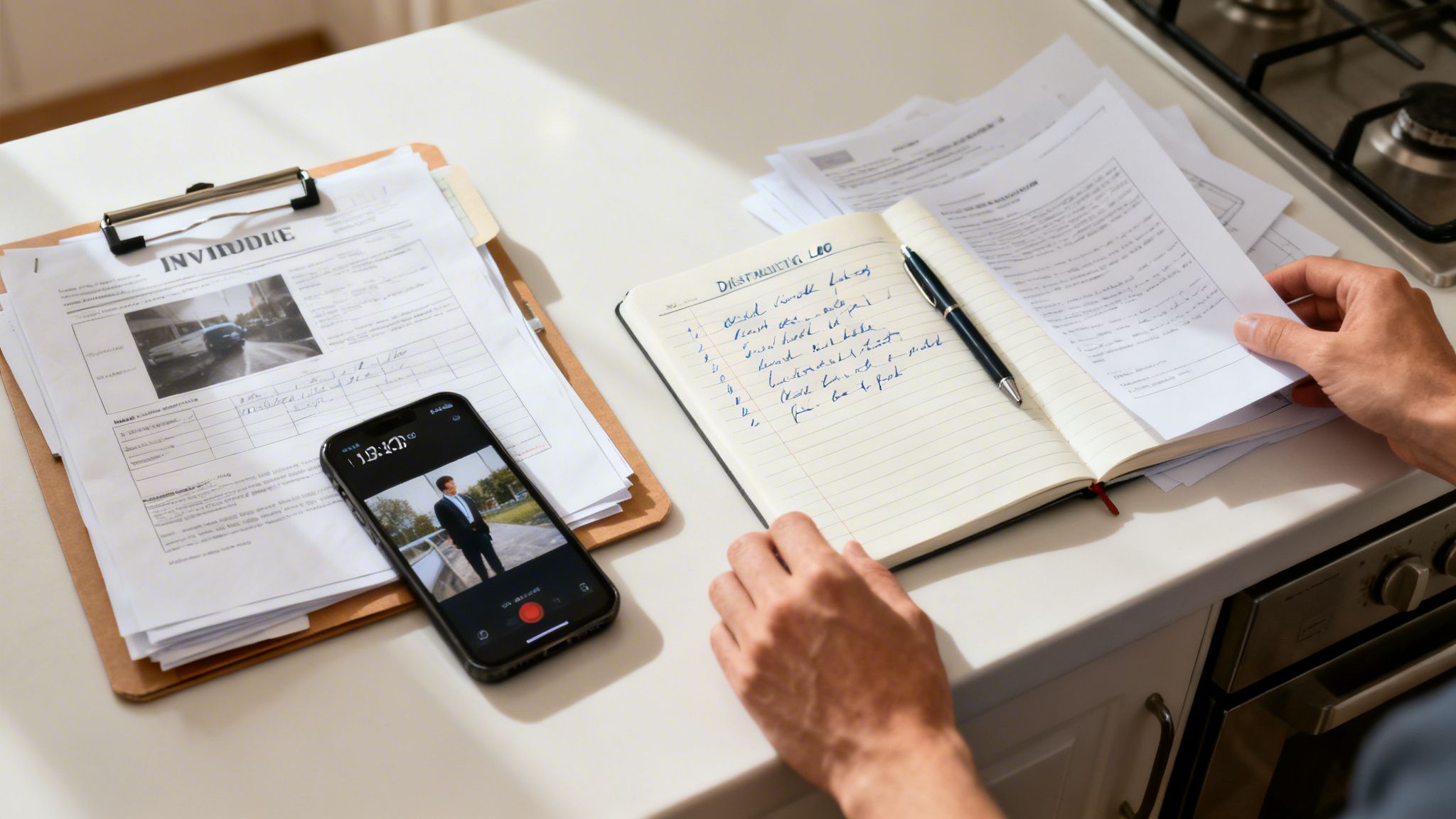 Person reviewing legal documents at a desk with a notebook, pen, and smartphone displaying a video.