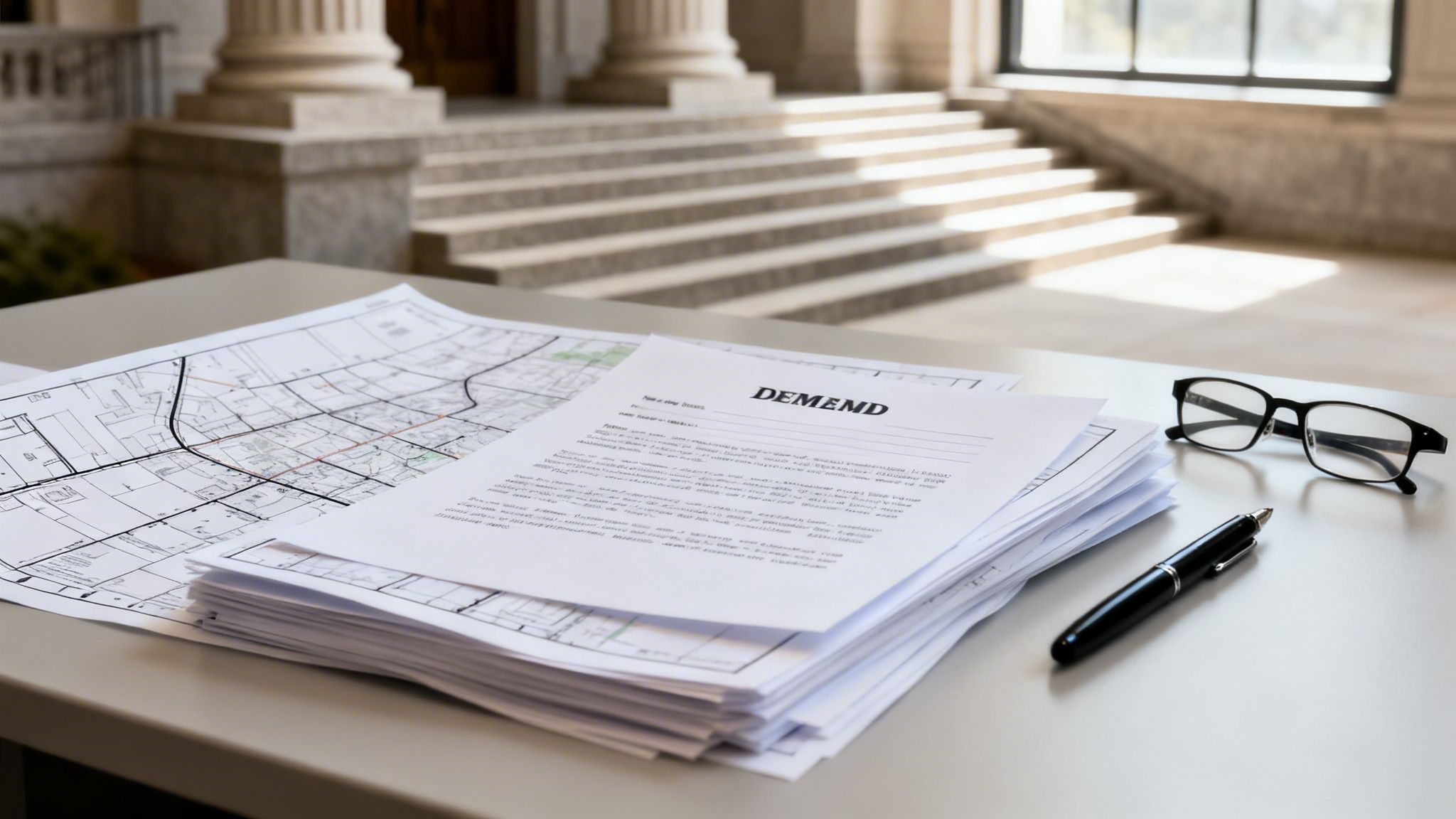 Documents including a 'DEMEMD' form and a map on a table with glasses and a pen, in a grand building.