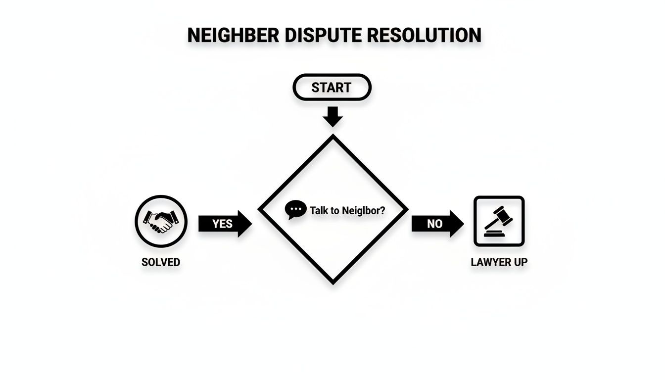 Flowchart for neighbor dispute resolution: start, talk to neighbor, solved, or lawyer up.