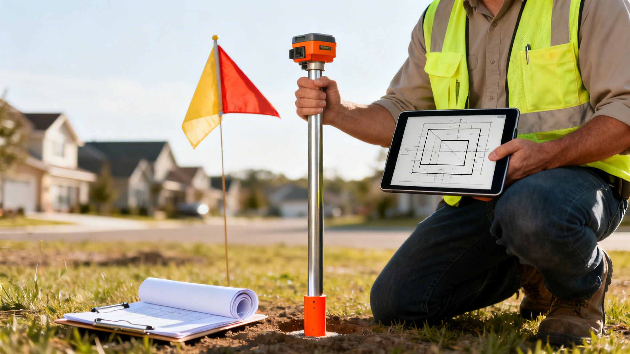 A surveyor uses a land surveying instrument and a tablet with a tablet with a blueprint at a property site.