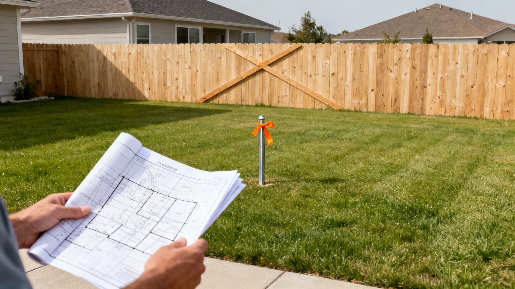 A person holds blueprints in a backyard with a new wooden fence and property stake.