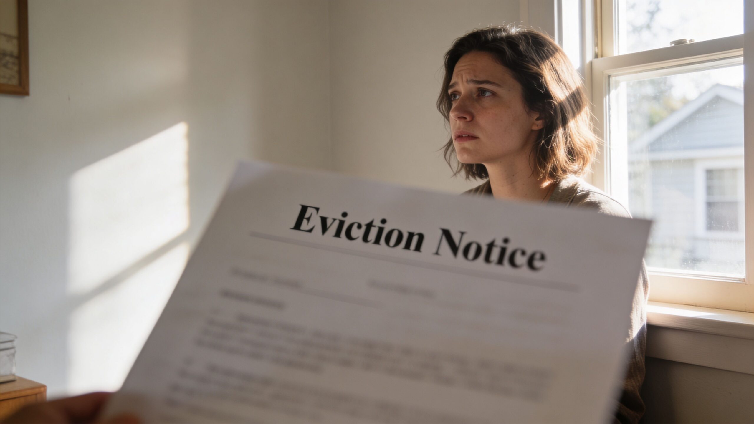 A concerned woman sitting by a window looks at an eviction notice held in the foreground.