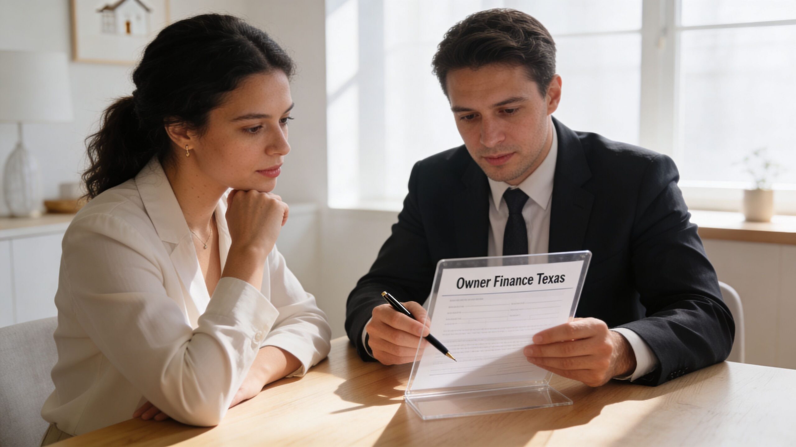 A professional financial advisor discusses an owner finance agreement with a client in a bright, modern office.