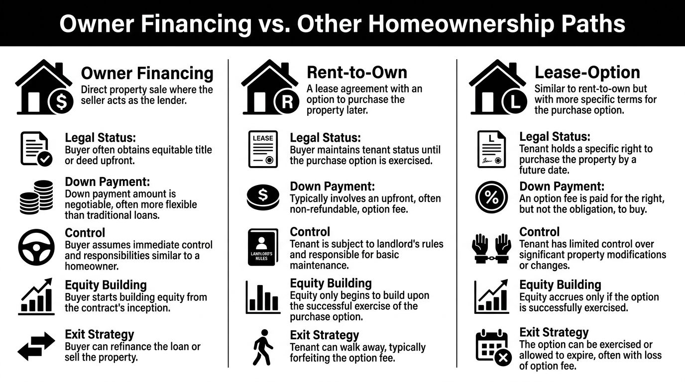 A comparison chart explaining the differences between owner financing, rent-to-own agreements, and lease-option homeownership paths.