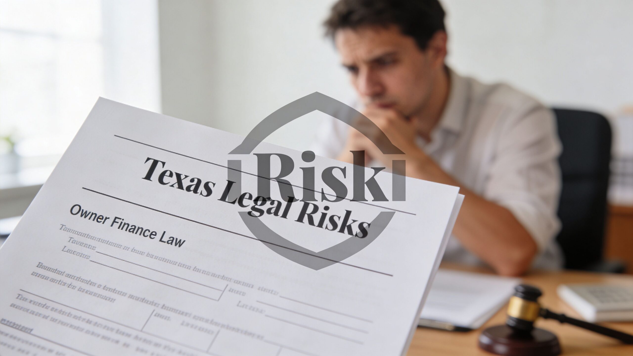 A concerned professional reviewing legal documents about Texas owner finance laws with a gavel on his desk.
