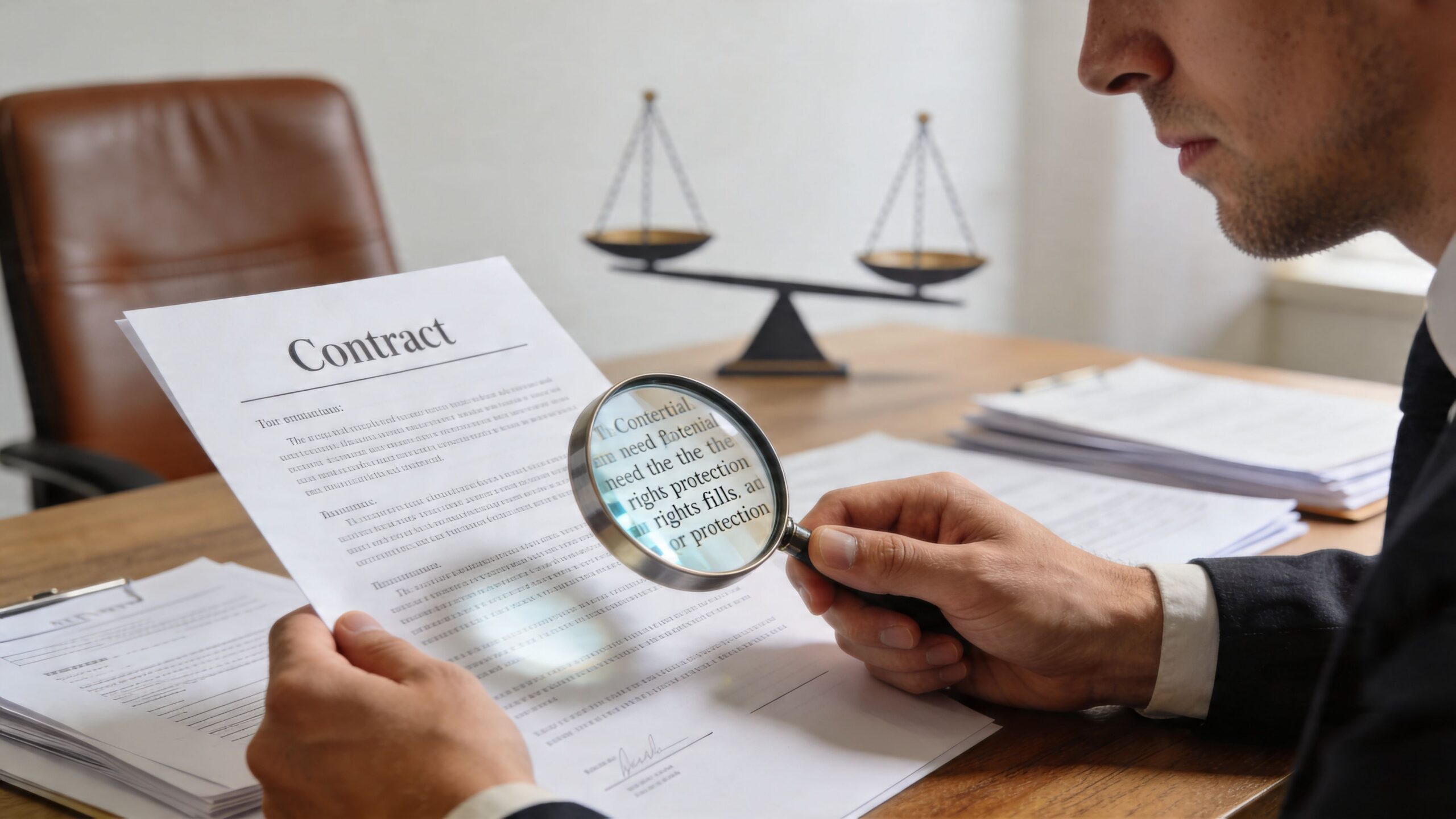 A professional lawyer using a magnifying glass to carefully examine a legal contract in an office setting.