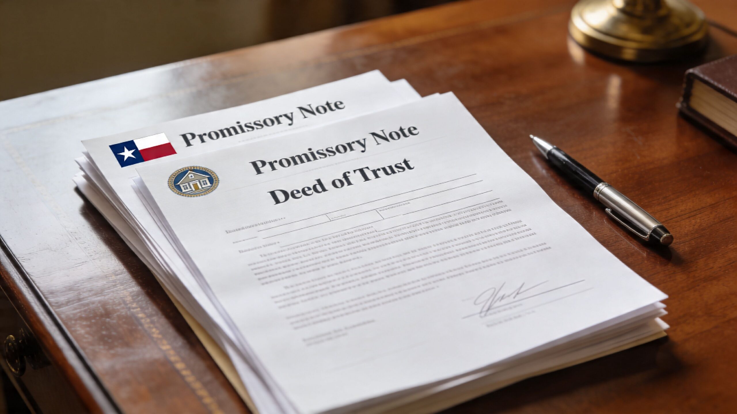 A stack of owner finance Texas home documents with a legal deed of trust and a pen.
