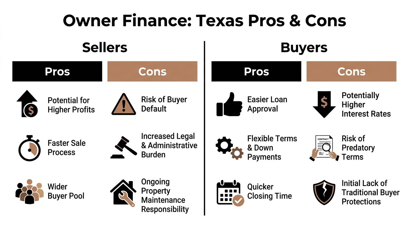 A comparison chart outlining the pros and cons of owner financing in Texas for both buyers and sellers.