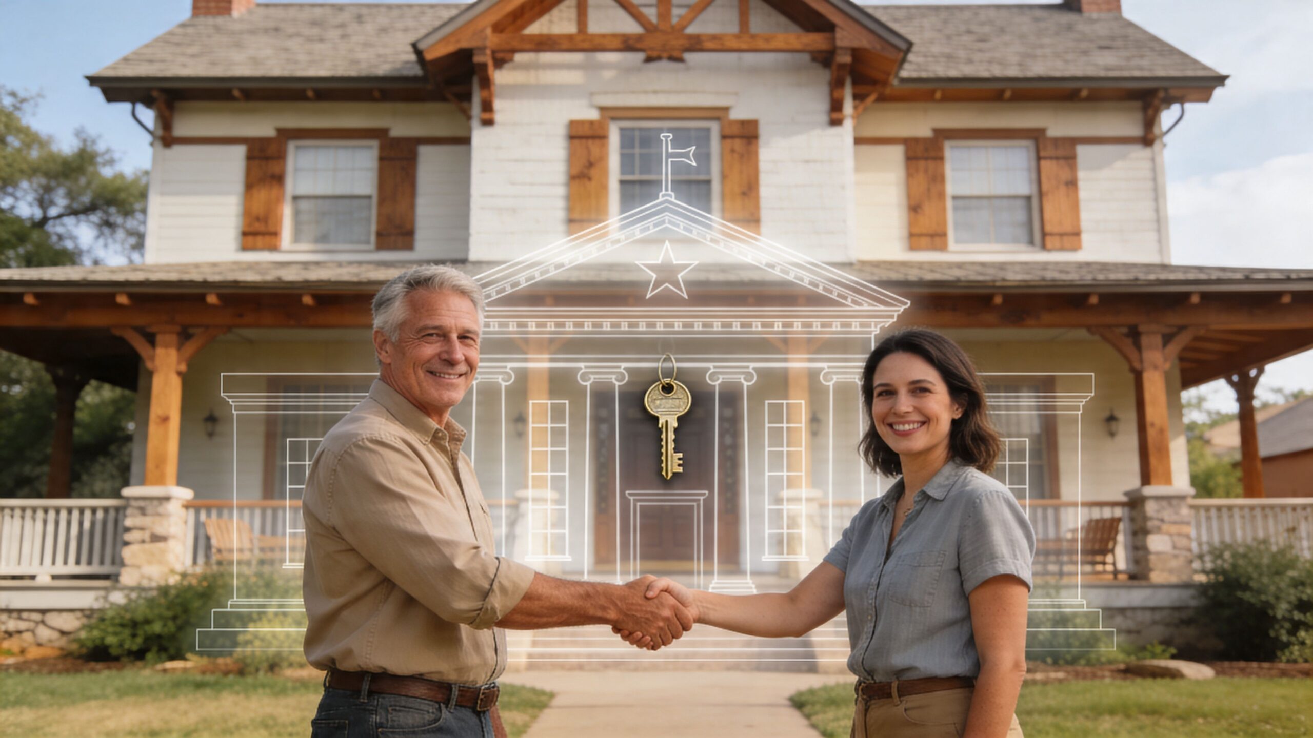 An elderly man and a young woman shaking hands in front of a house, representing owner finance.