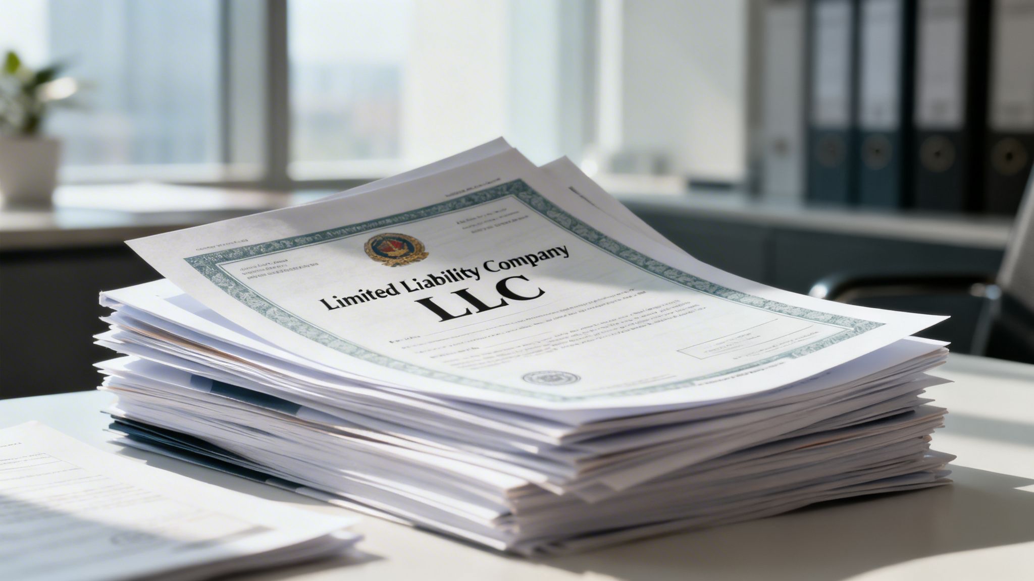 A stack of official Limited Liability Company legal documents rests on an office desk in a professional setting.