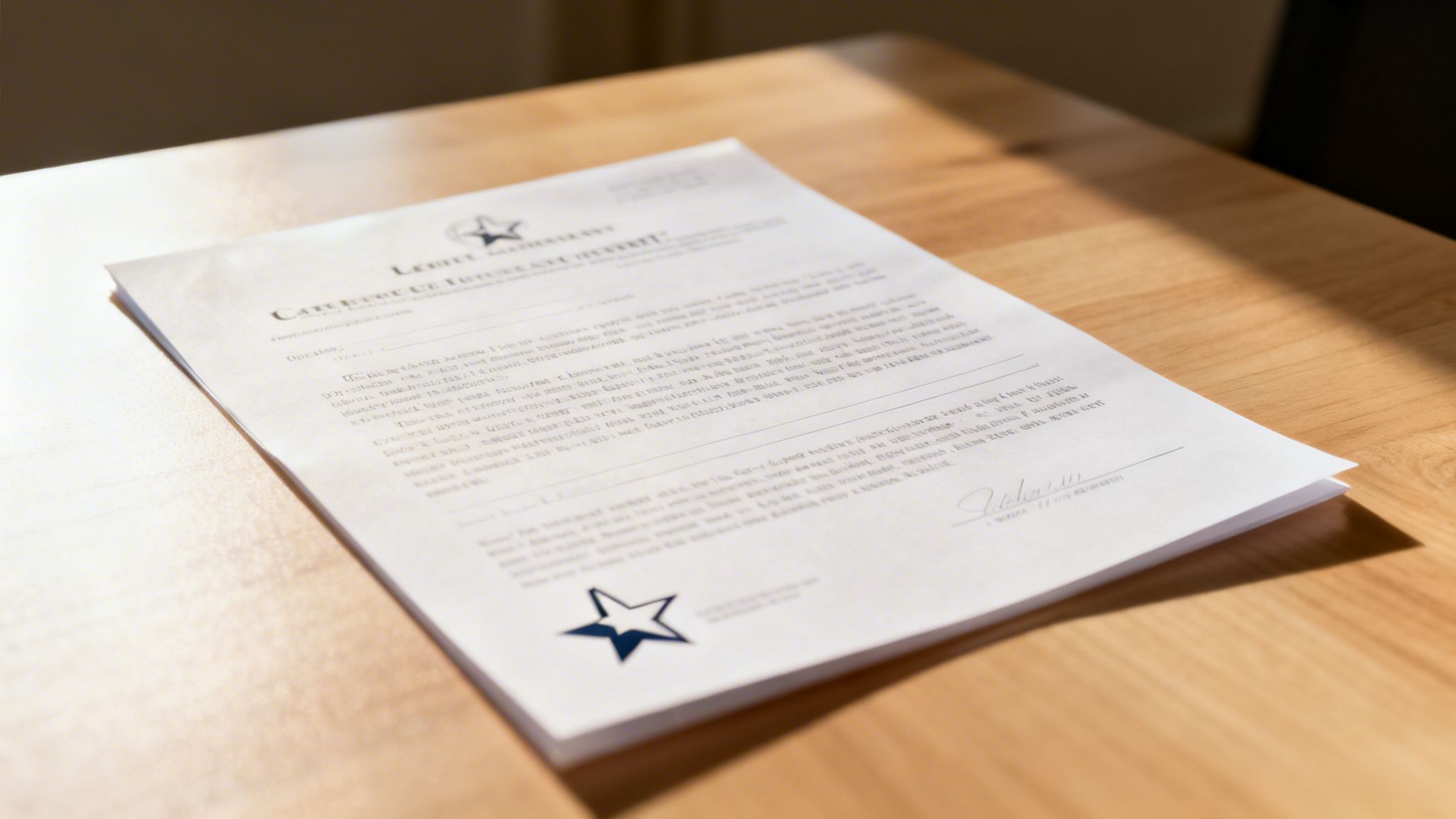 A printed document with a star logo resting on a light wooden table in natural sunlight.