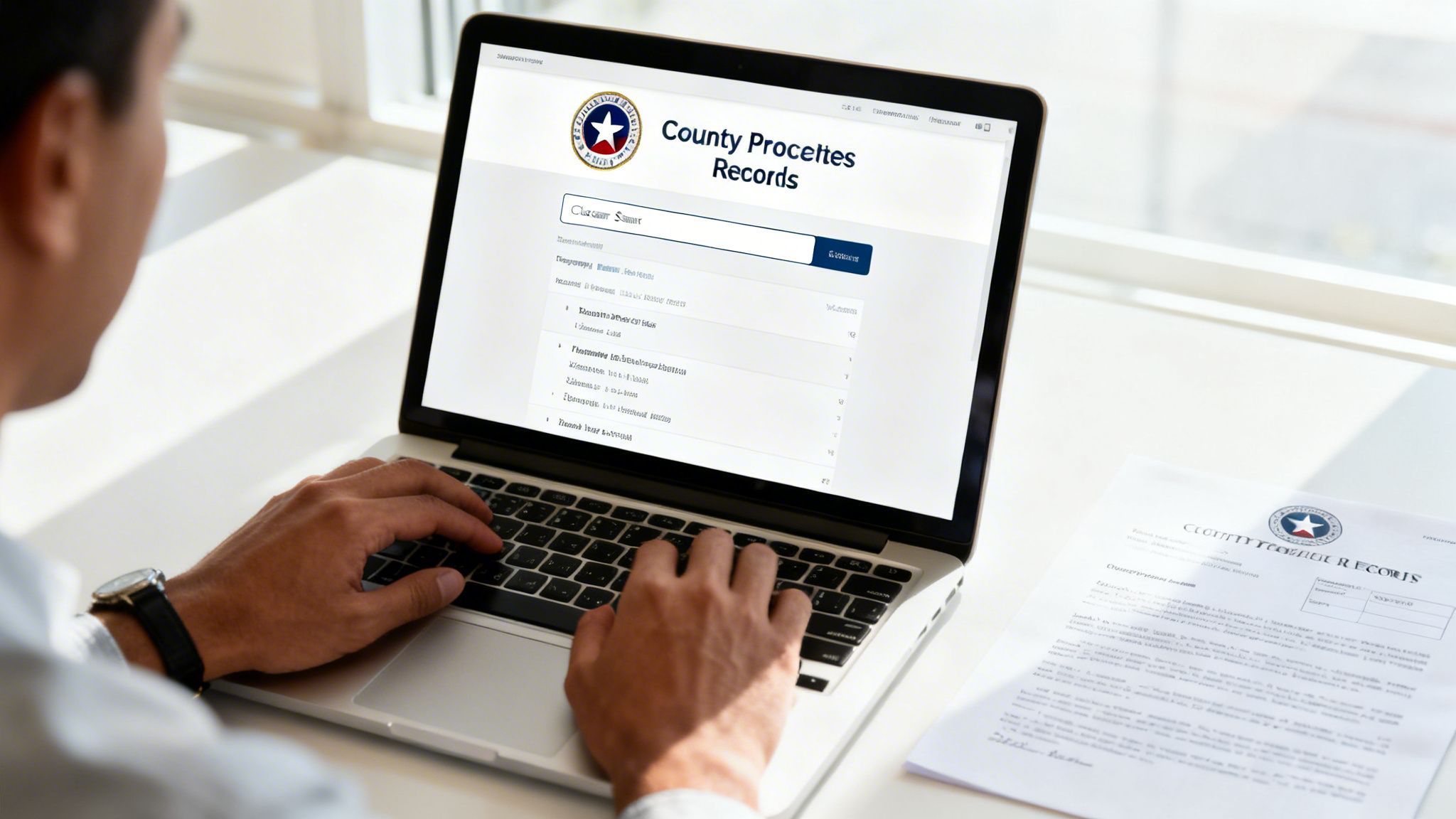 Man typing on a laptop displaying a county records website with a document on the desk.