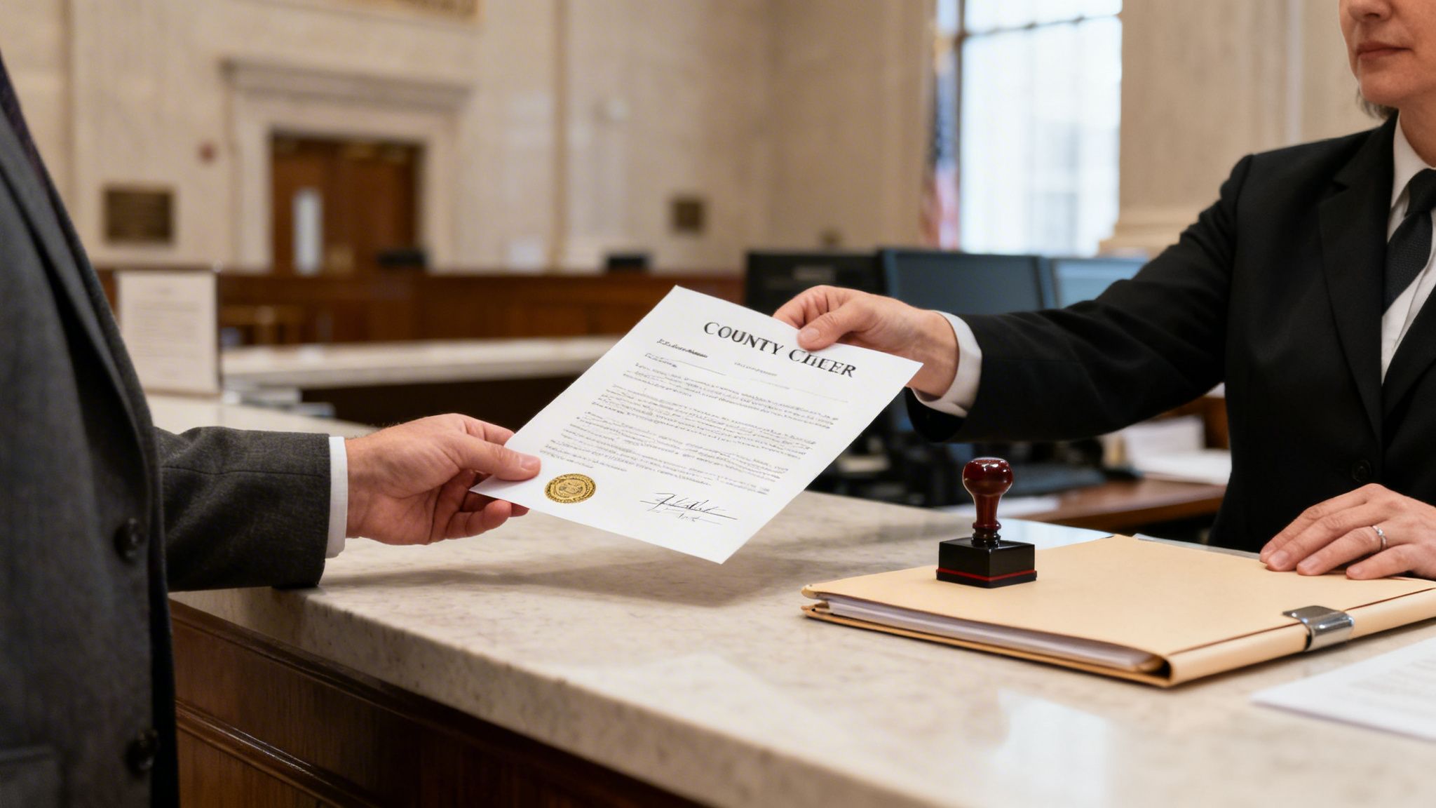 Two people exchanging an official document titled 'COUNTY CLERK' across a counter.
