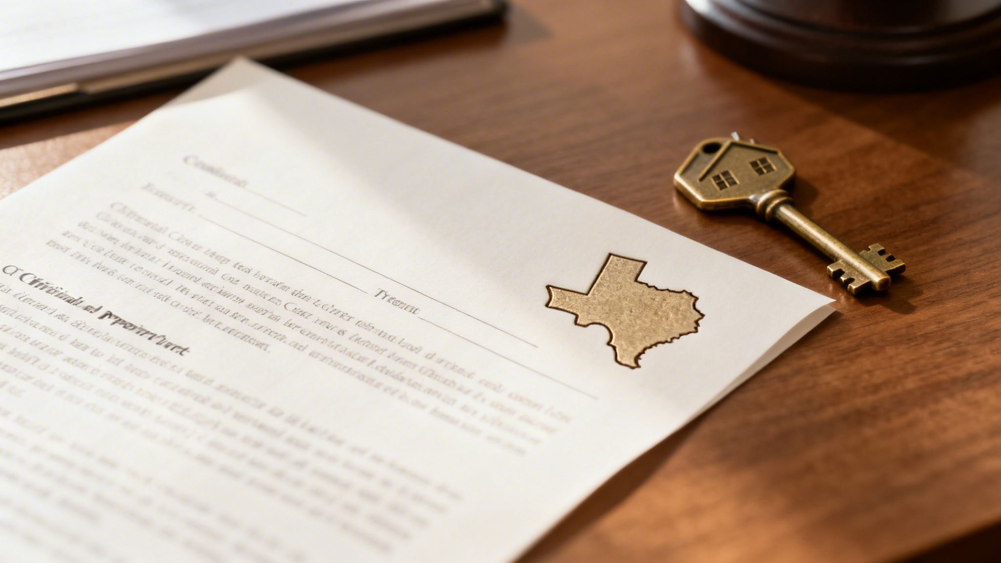 A property deed document for Texas real estate, featuring a house key on a wooden desk.