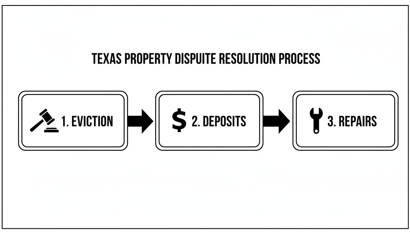 Flowchart illustrating the Texas property dispute resolution process, covering eviction, deposits, and repairs.