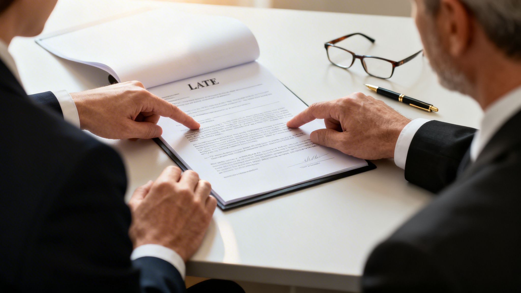 Two businessmen in suits pointing at a document titled 'LATE' during a serious discussion.