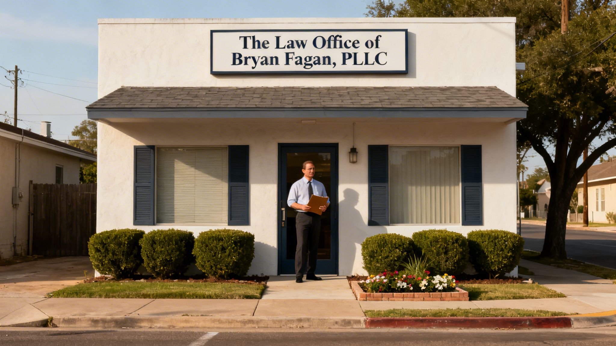 A professional man stands outside 'The Law Office of Bryan Fagan, PLLC' building.