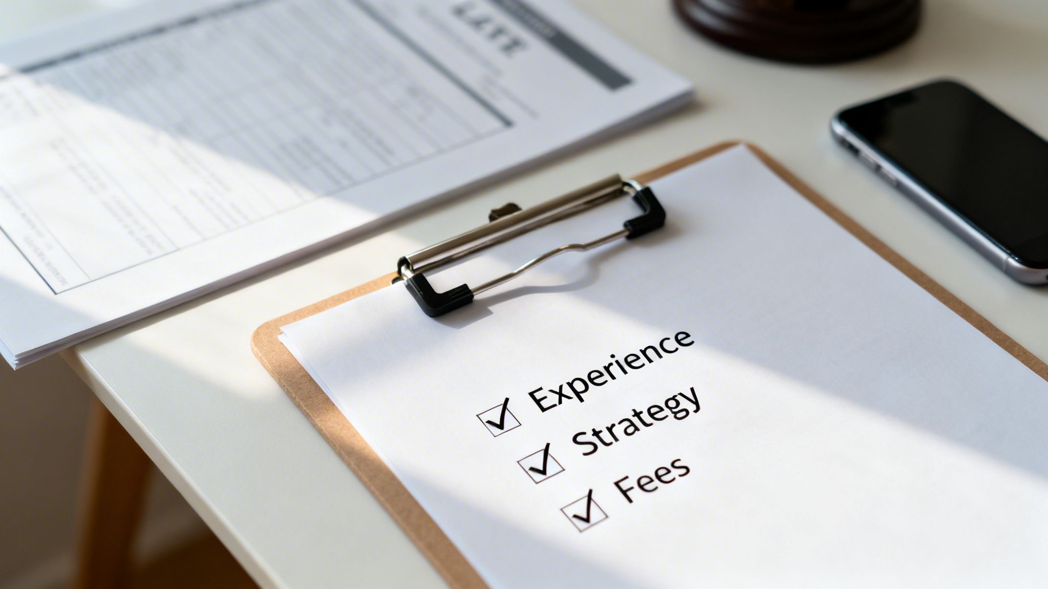 A checklist on a clipboard with 'Experience', 'Strategy', and 'Fees' all checked on a white desk.