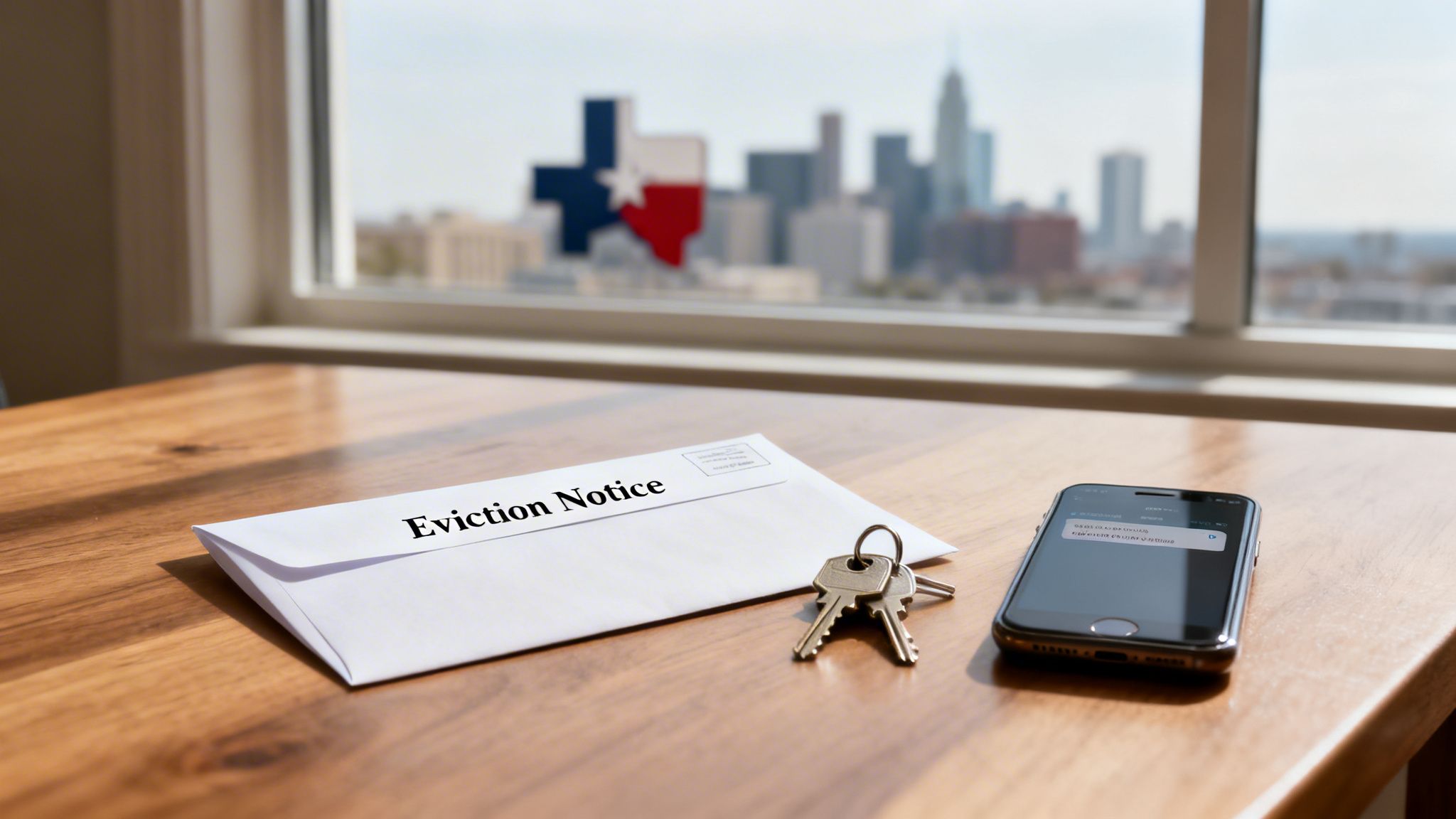 An eviction notice envelope, keys, and a smartphone on a table, with a Texas city skyline.