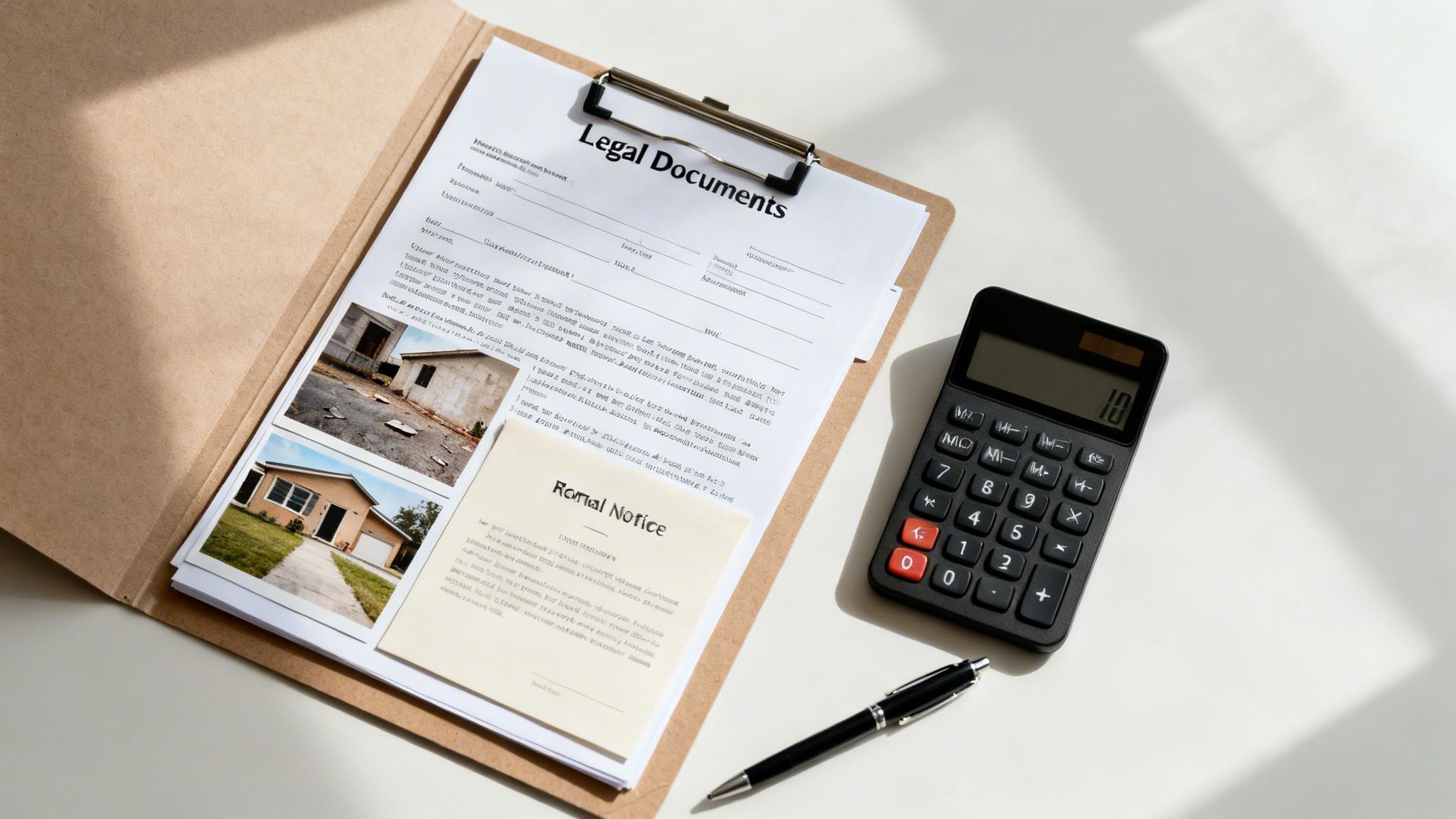 Legal documents on a clipboard with property photos, a calculator, and a pen on a white desk.
